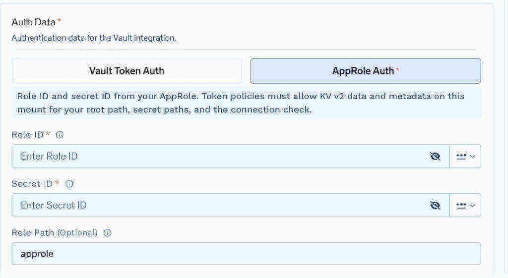 HashiCorp Vault AppRole Auth form showing Role ID, Secret ID, and Role Path fields