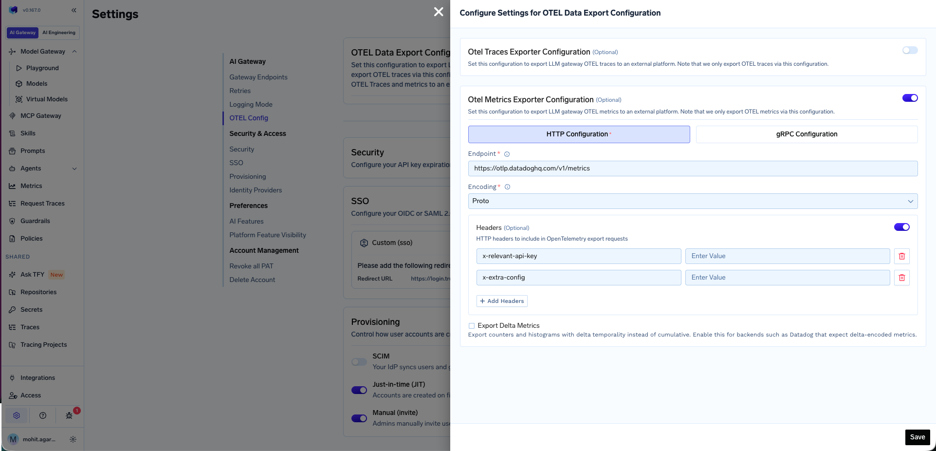 OpenTelemetry Config form for exporting metrics to an OTEL platform
