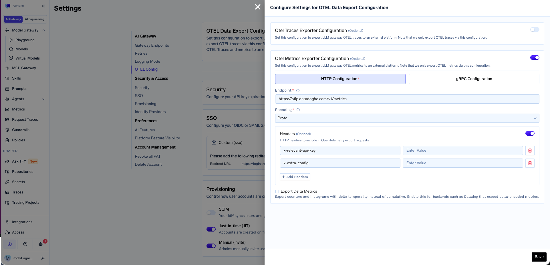 OpenTelemetry Config form for exporting metrics to an OTEL platform