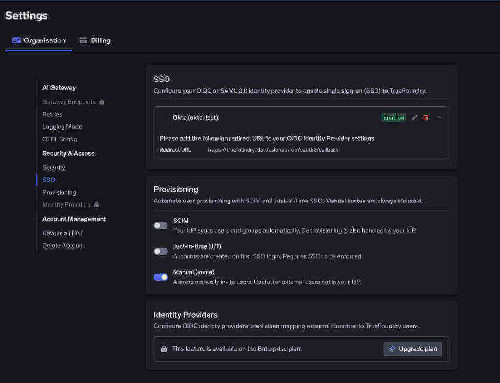 Settings page showing an enabled Okta SSO configuration, provisioning toggles, and Identity Providers