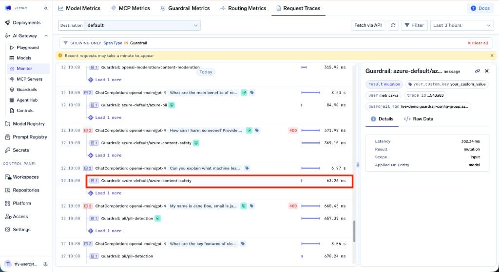 Request Traces view showing guardrail execution latency, result type, scope, and applied entity for each span