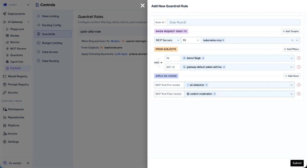 Guardrail rule creation form targeting MCP servers with MCP Tool Pre-Invoke and Post-Invoke hooks configured