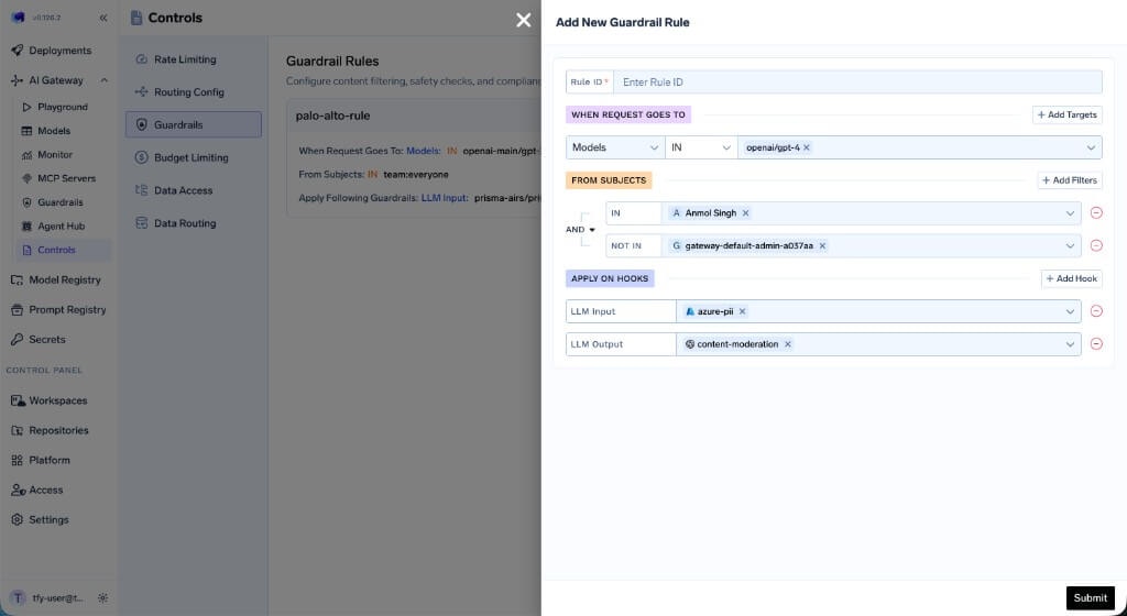 Guardrail rule creation form targeting models with LLM Input and Output hooks configured