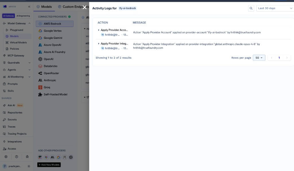 Resource-level Activity Logs panel showing recent actions for an AWS Bedrock account