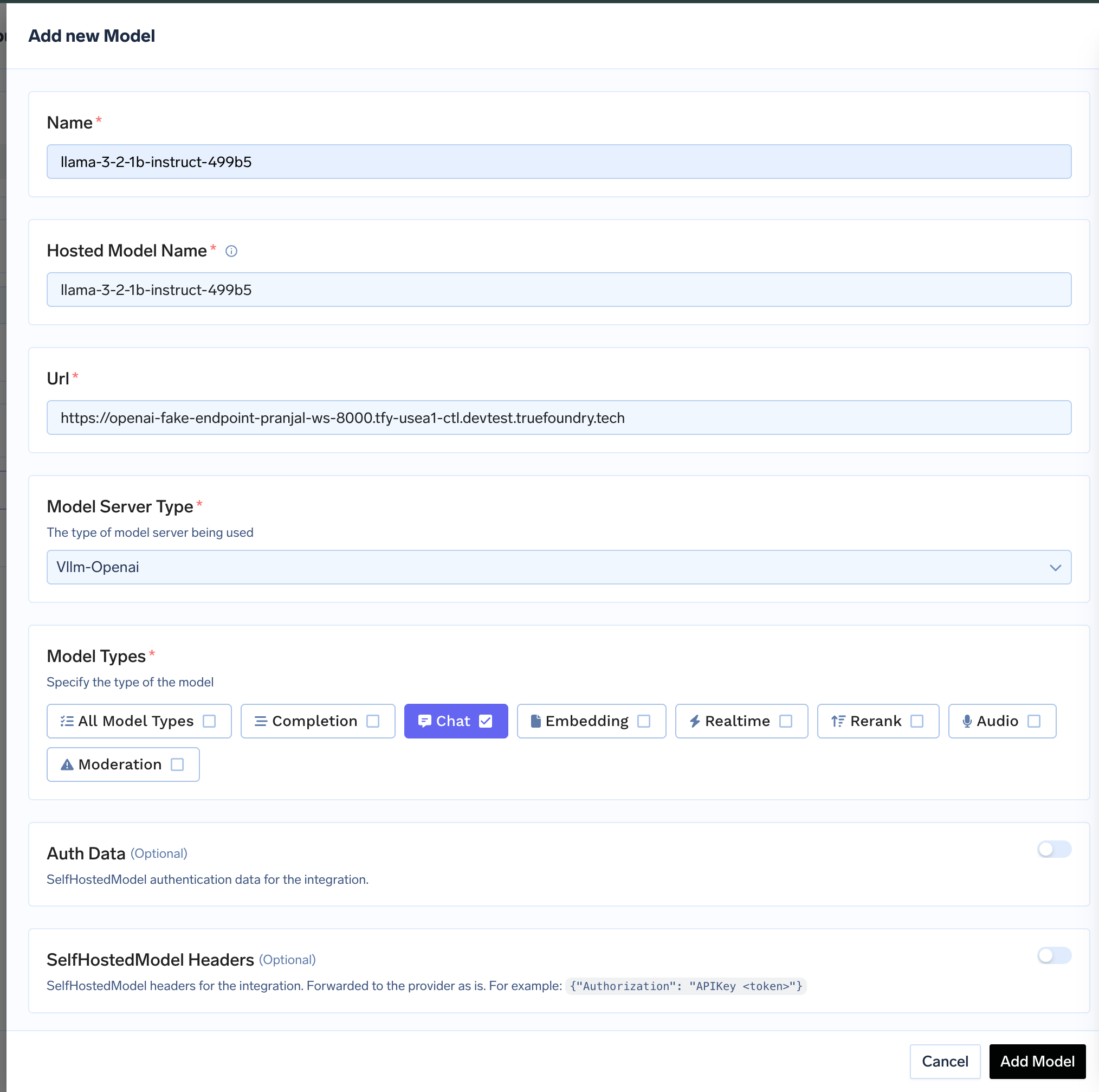 Configuration form showing fields for model ID, URL, and authentication