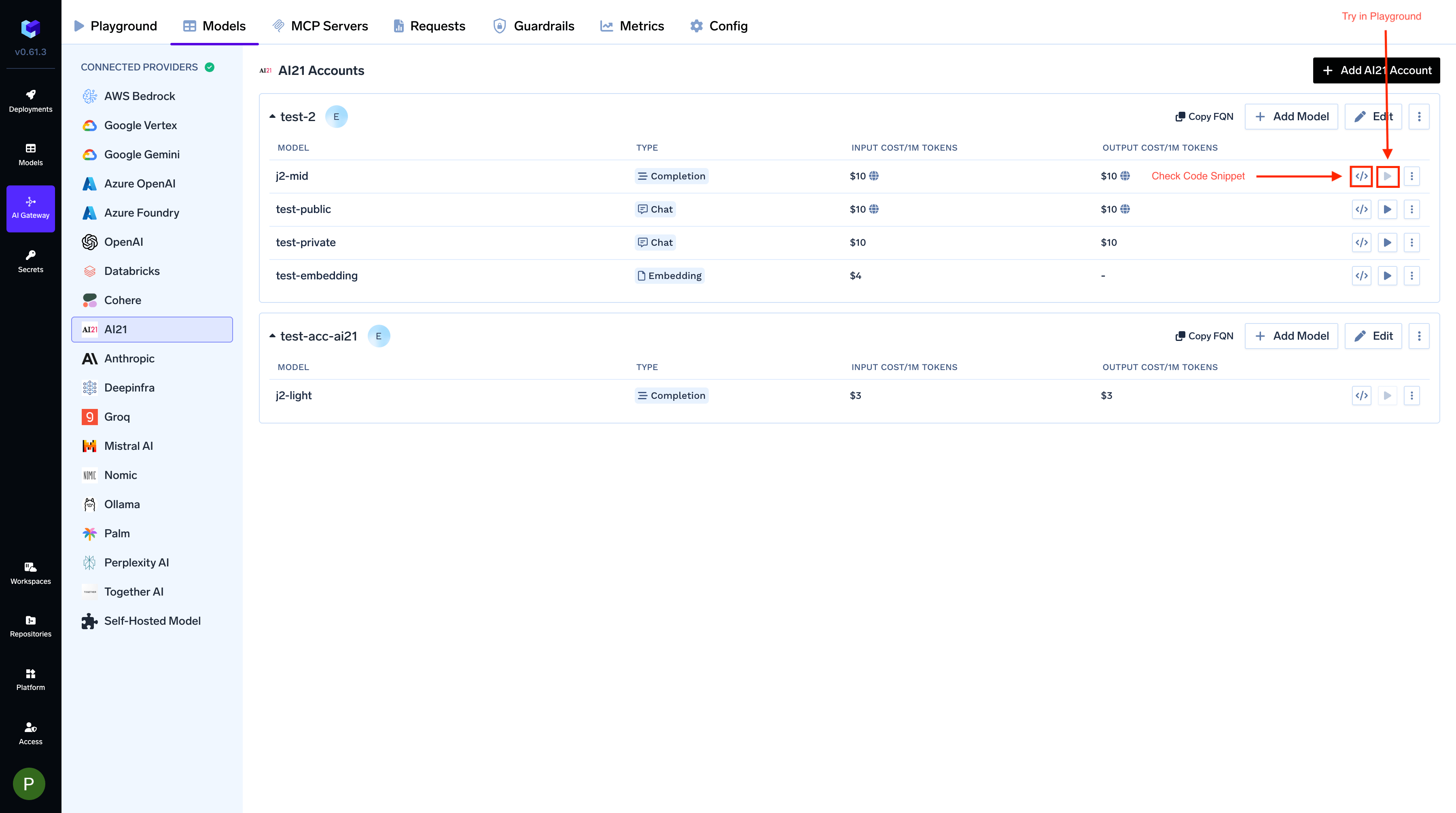 Code Snippet and Try in Playgroud Buttons for each model