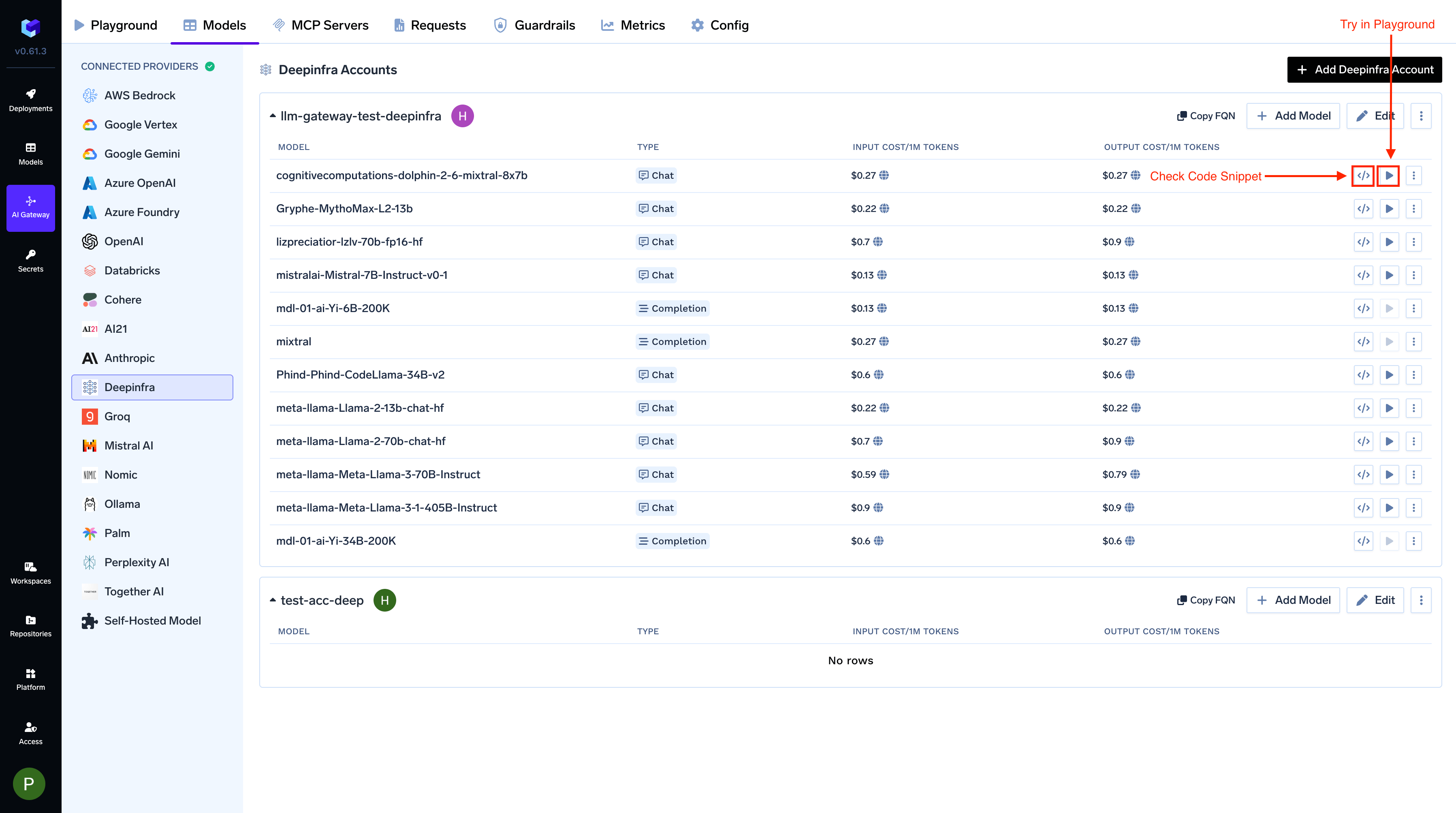 Code Snippet and Try in Playground Buttons for each Deepinfra model