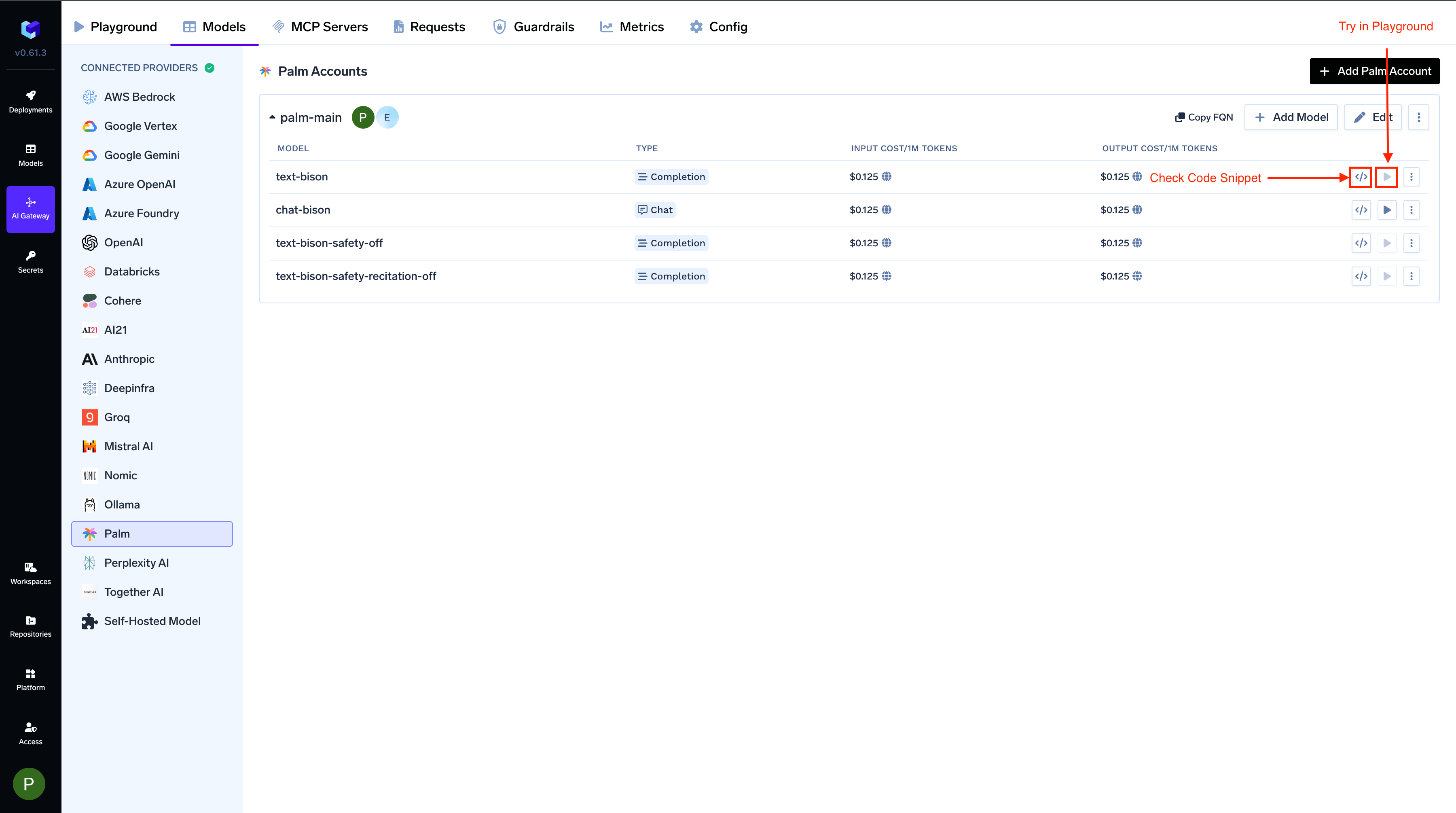 Code Snippet and Try in Playgroud Buttons for each model