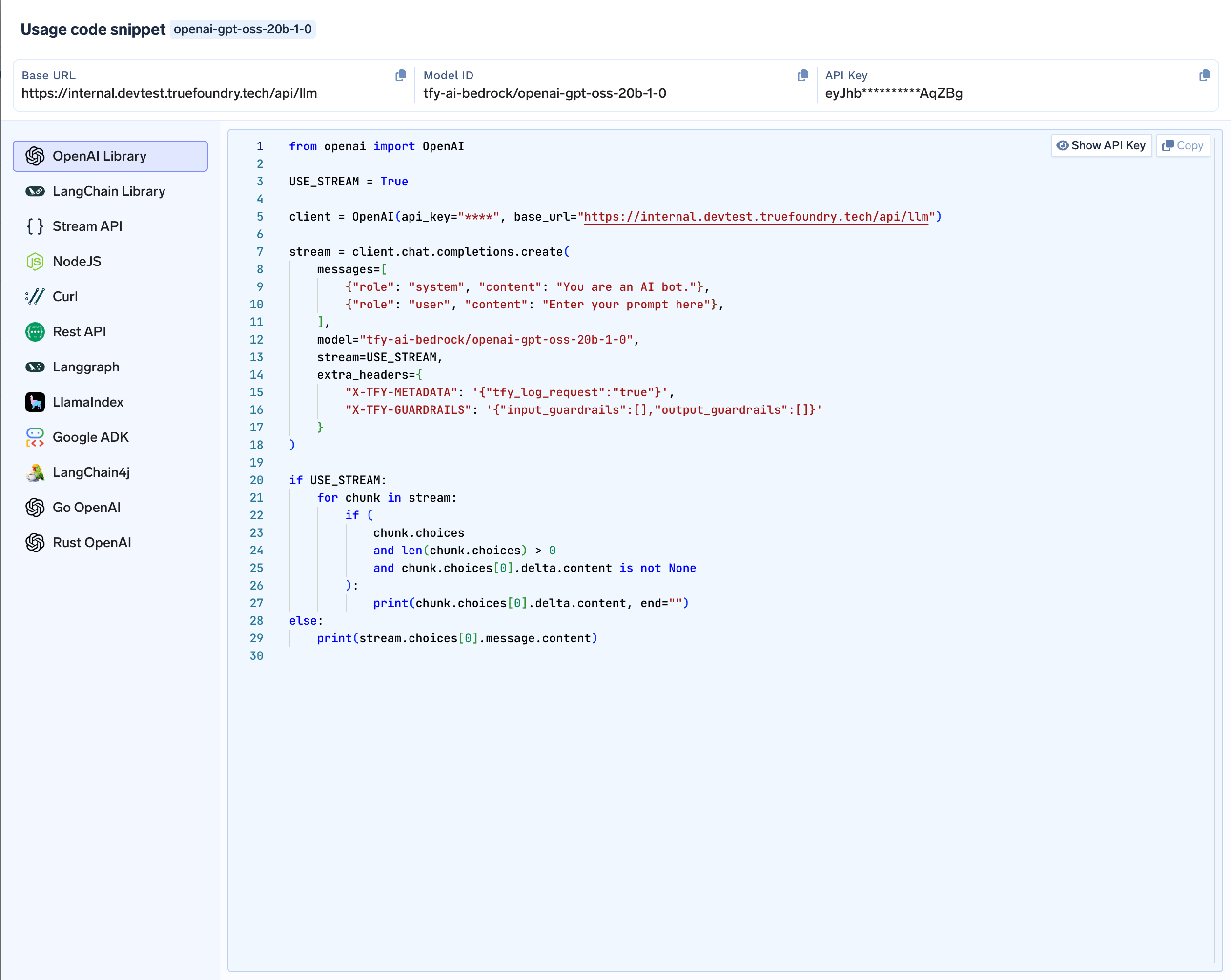 Code snippet generation interface with language options