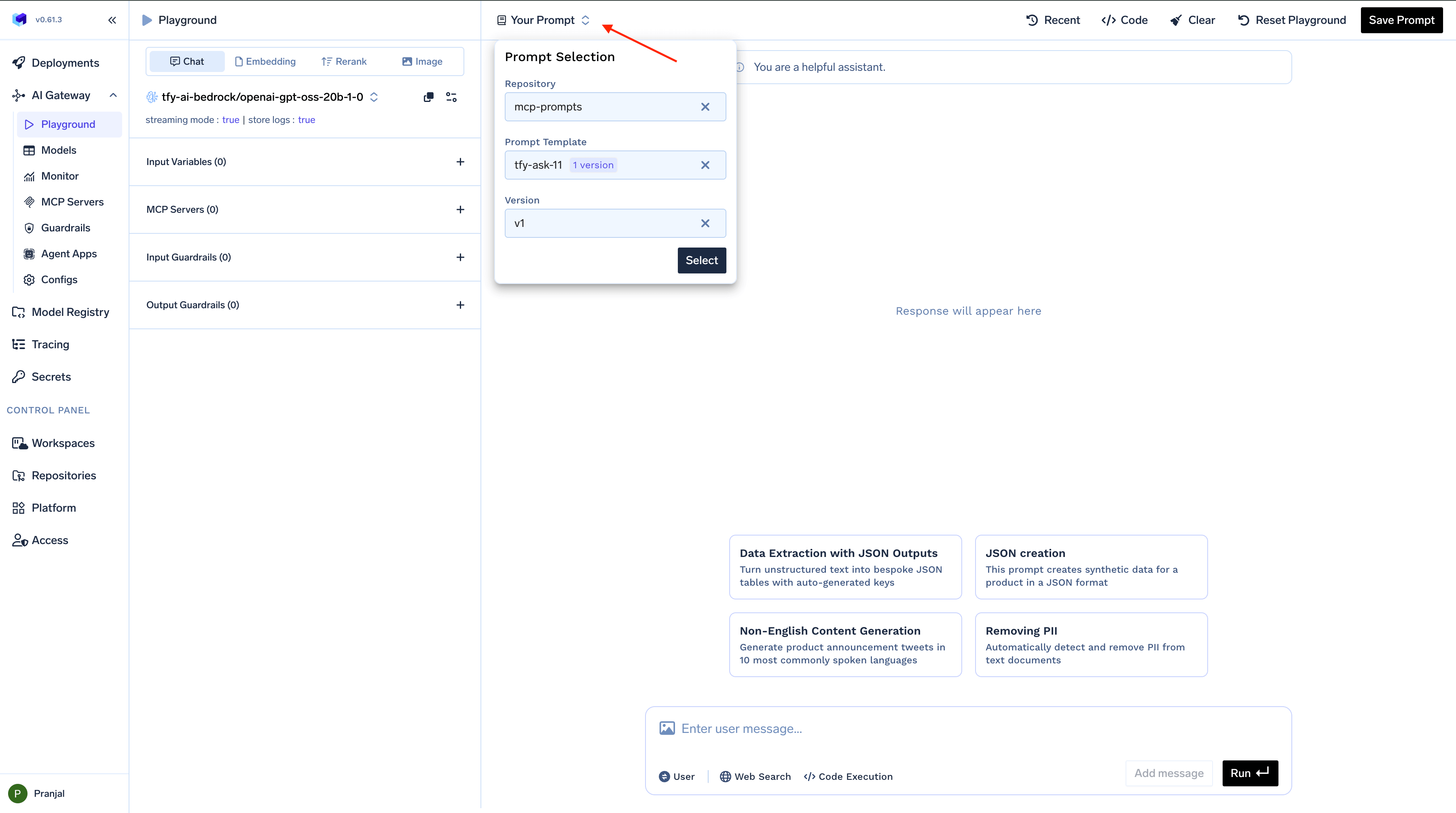 Interface for loading saved prompts