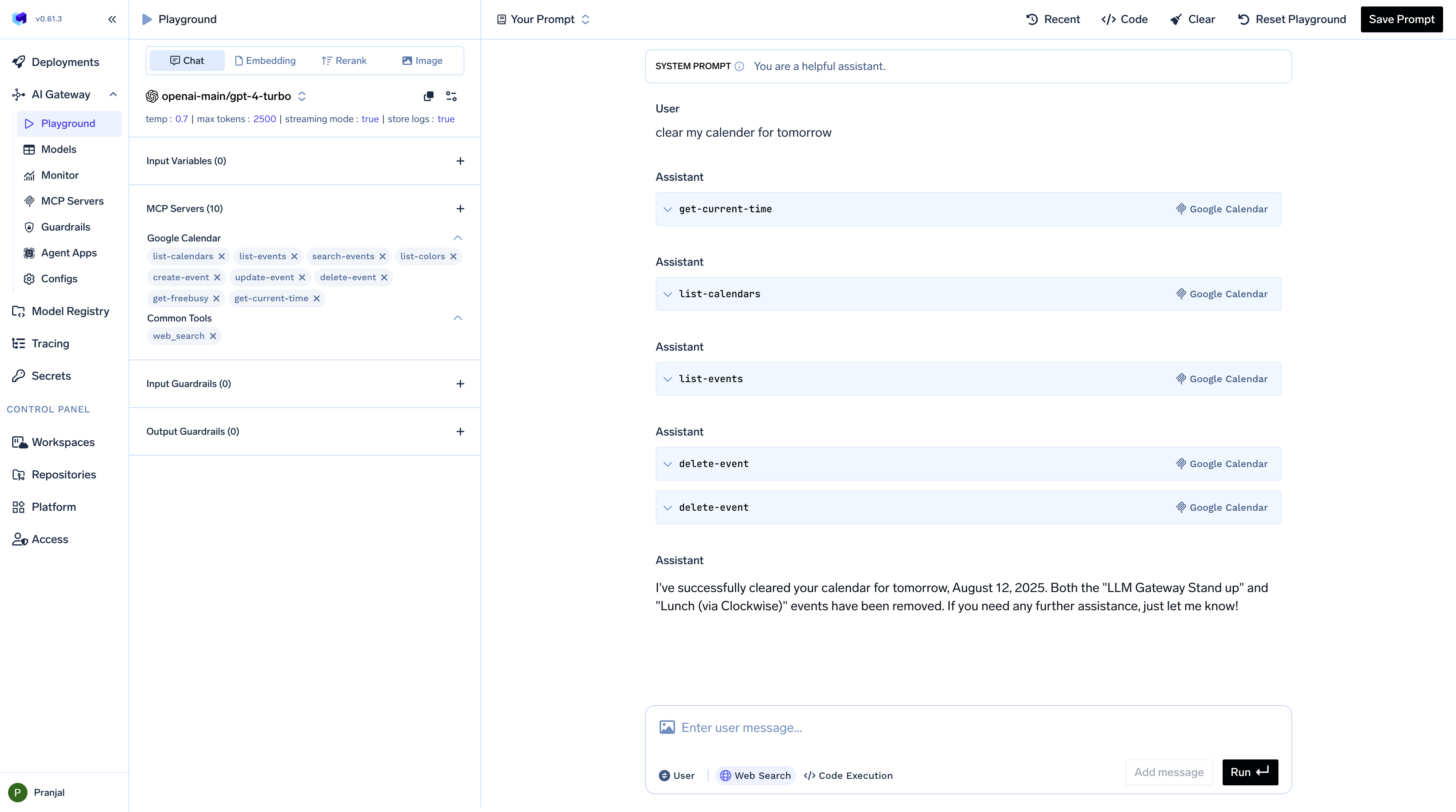 Example of calendar management using MCP Server integration