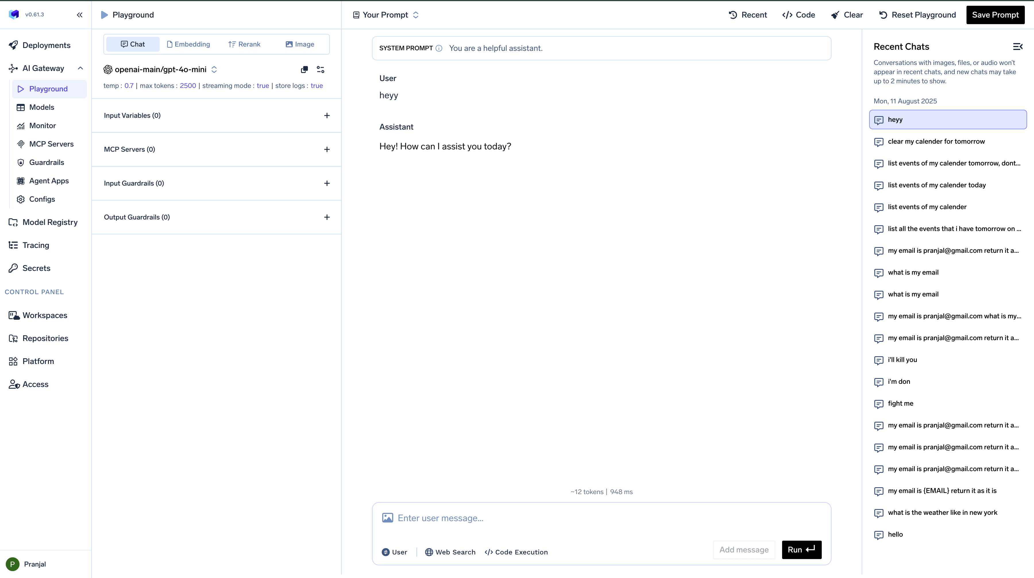 Recent chat history interface