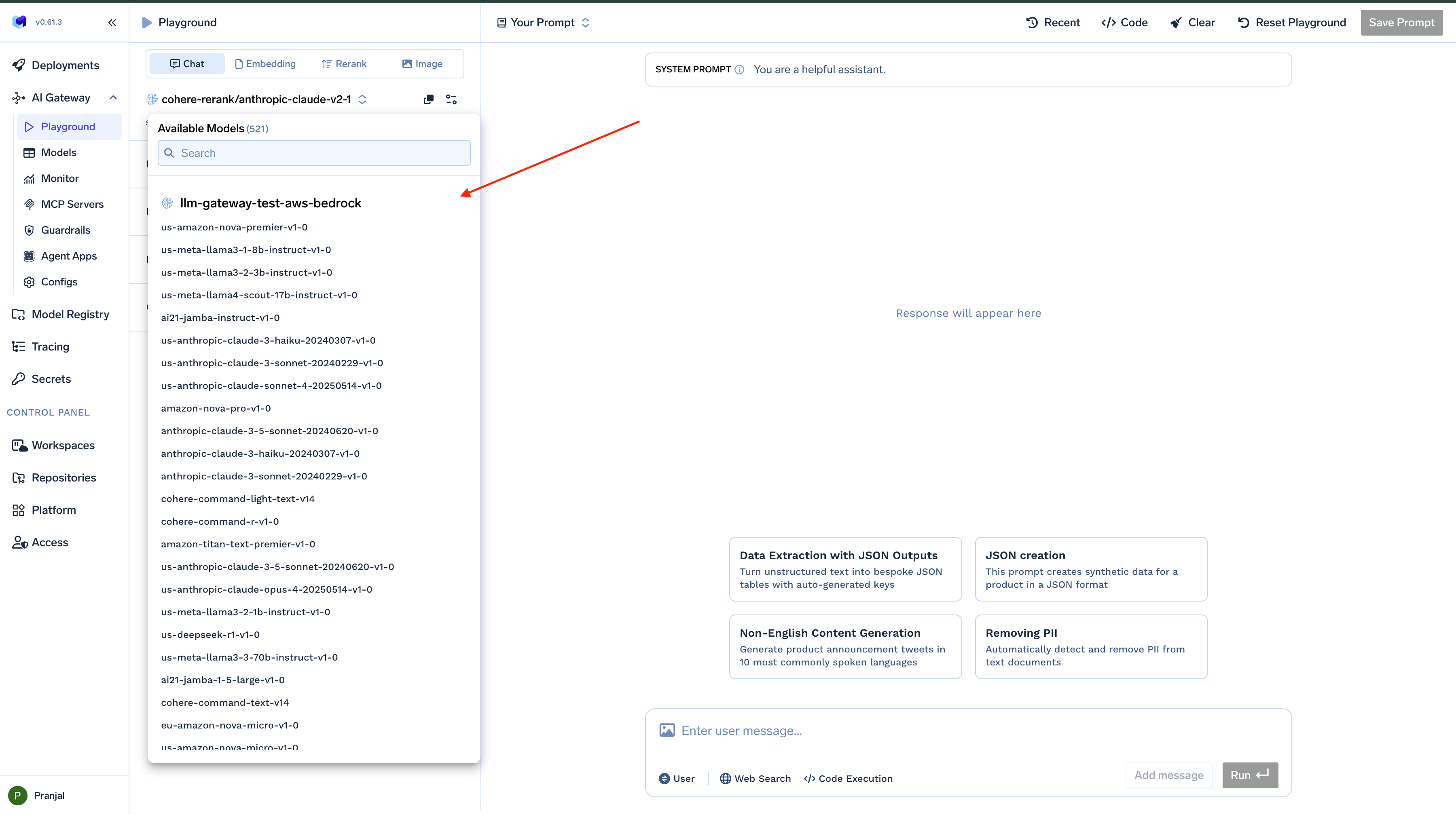 Model selection interface