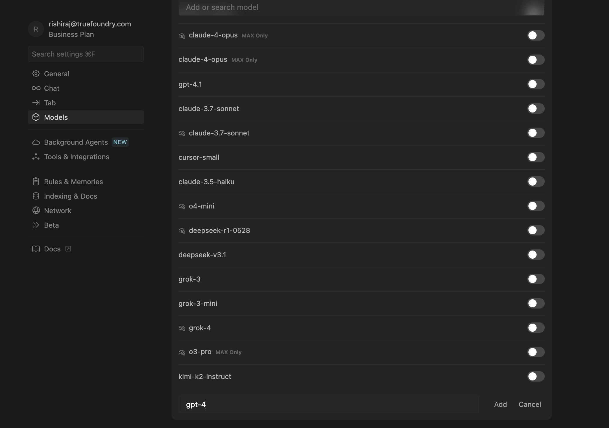 Cursor custom model configuration form with fields for TrueFoundry base URL, API key, and model name