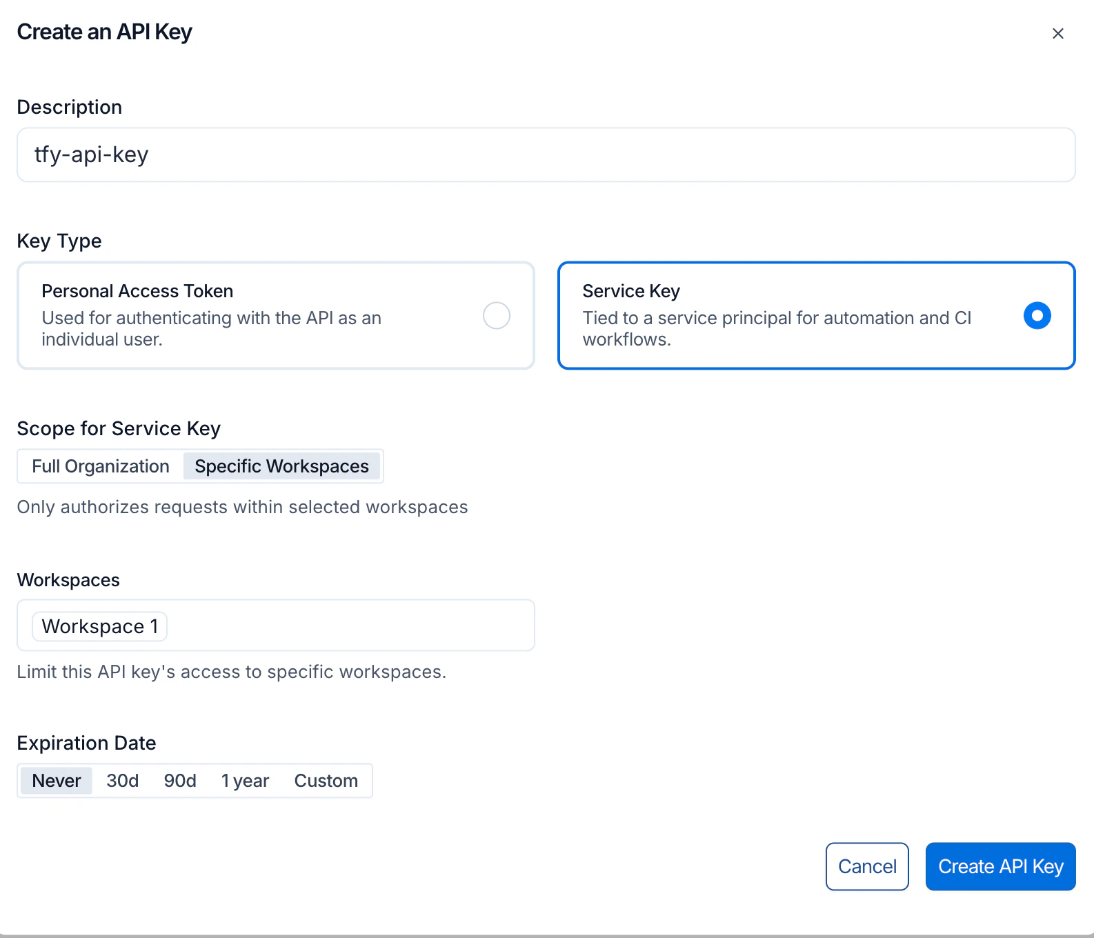 LangSmith Create an API Key dialog with Service Key selected and scope set to Specific Workspaces