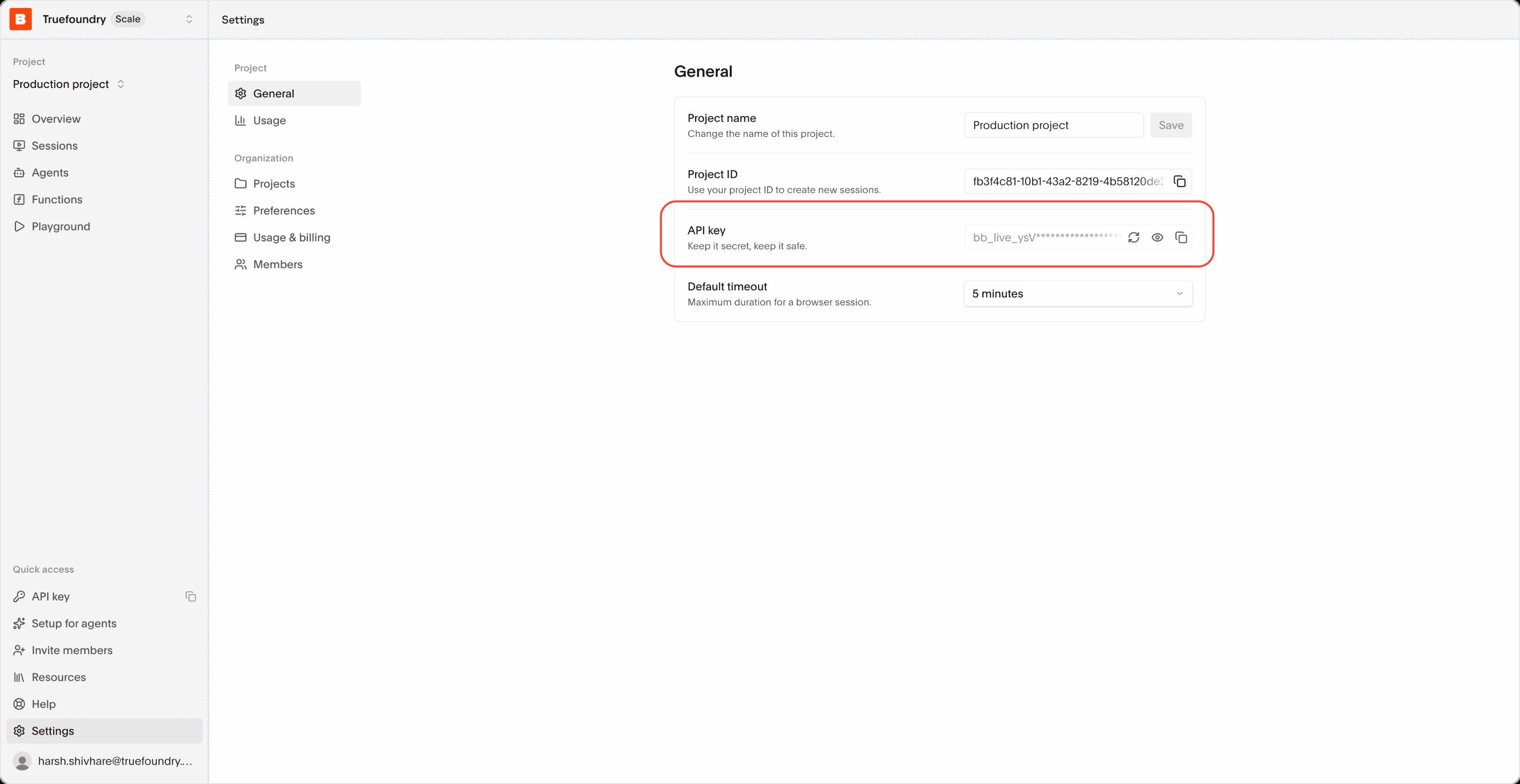 Browserbase dashboard Settings General page showing the Project ID and API key fields