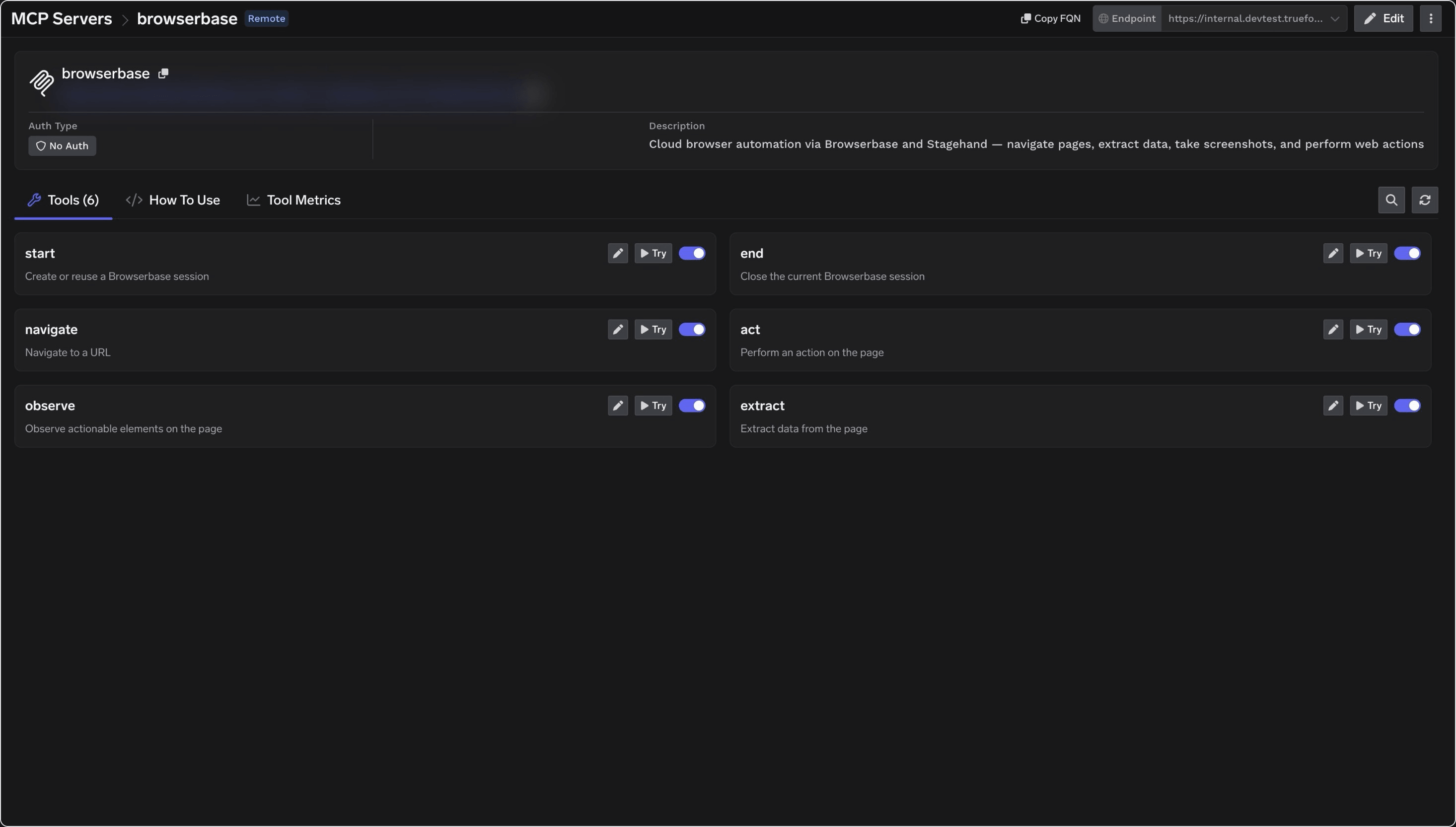 Browserbase Tools tab populated with tools after a successful connection