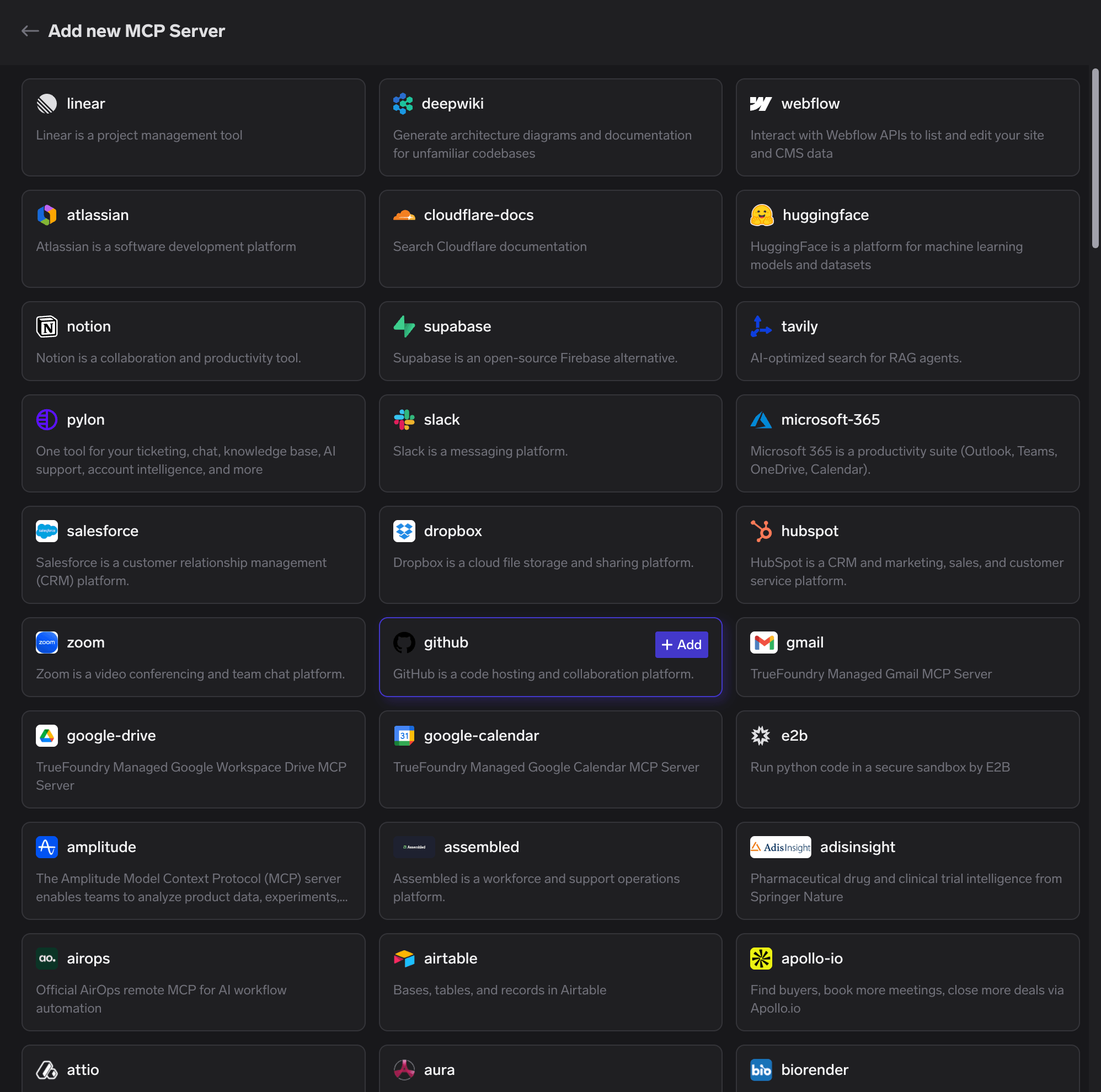 GitHub entry in the TrueFoundry managed MCP catalog with the Add button