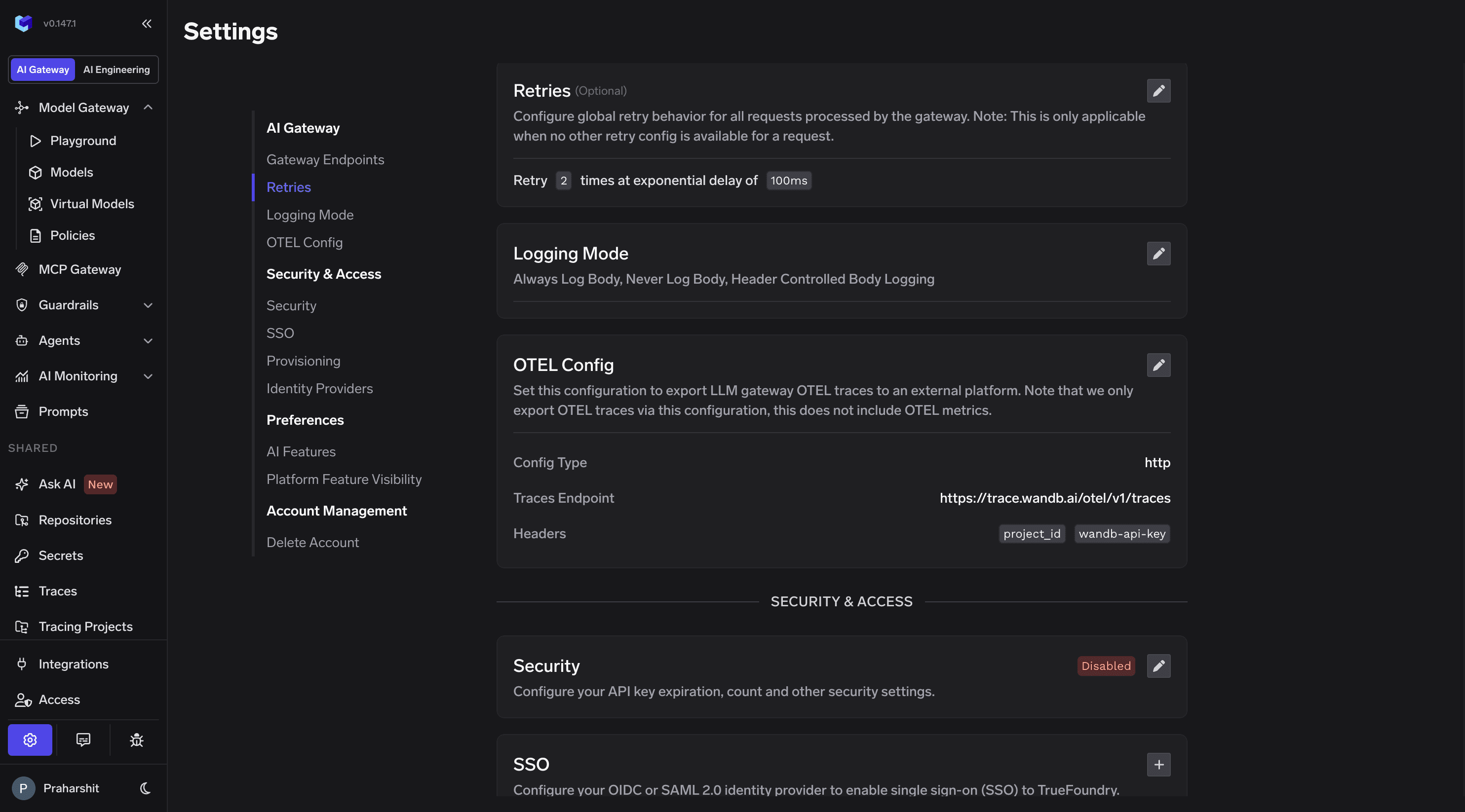 TrueFoundry AI Gateway Settings page showing the OTEL Config section