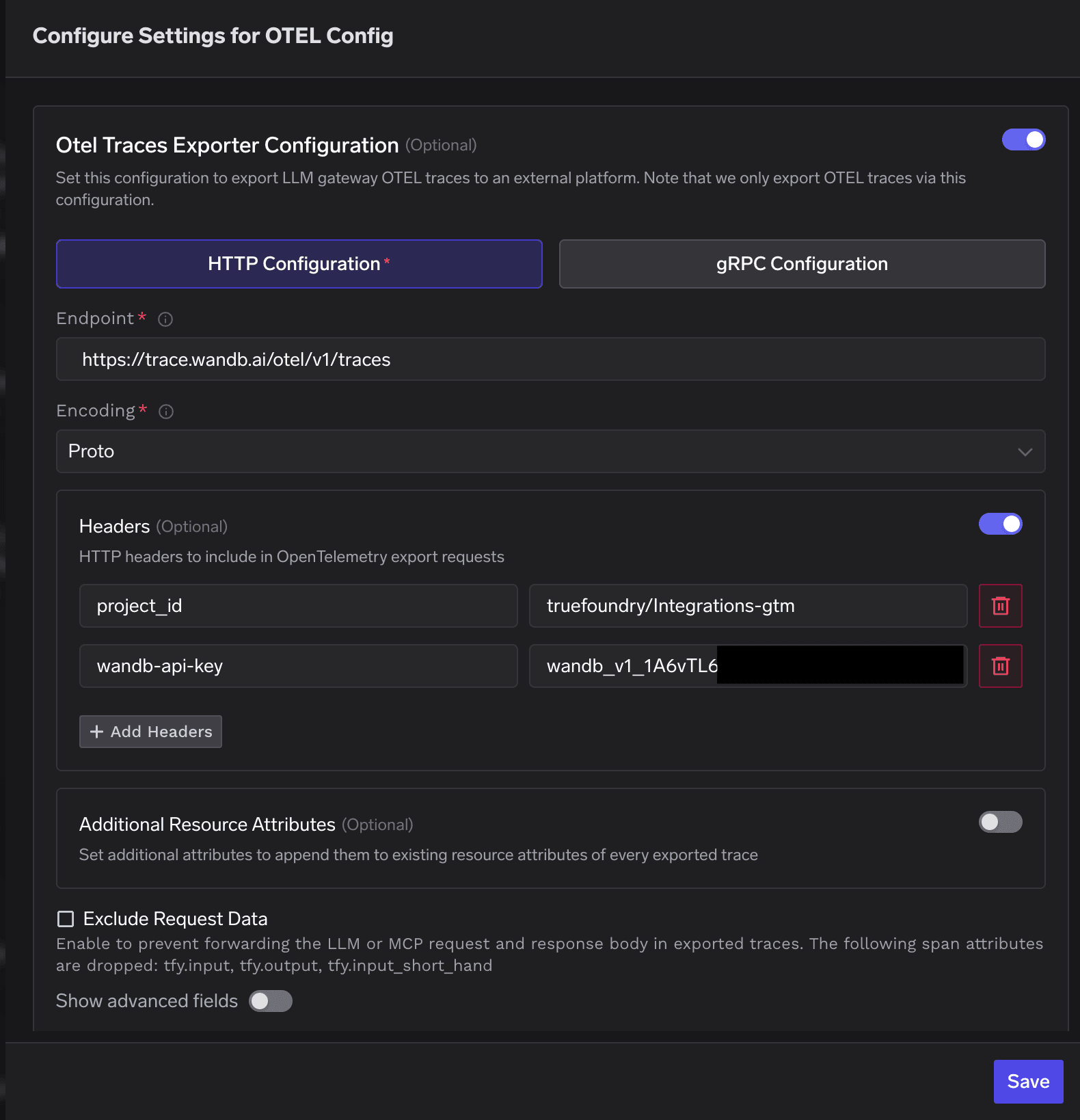 TrueFoundry OTEL Traces Exporter Configuration filled in for CoreWeave Weave