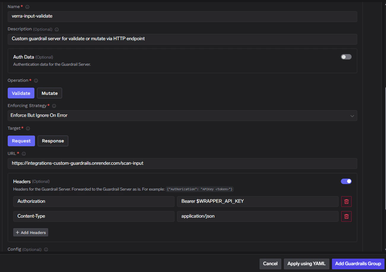 TrueFoundry custom guardrail form: Validate, Request target, /scan-input URL, Authorization Bearer header