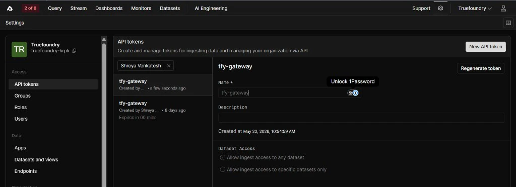 Axiom Settings page showing API Tokens tab with a token created for TrueFoundry ingestion