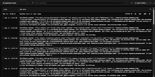 Axiom Stream view showing LLM call traces from TrueFoundry AI Gateway with gen_ai attributes
