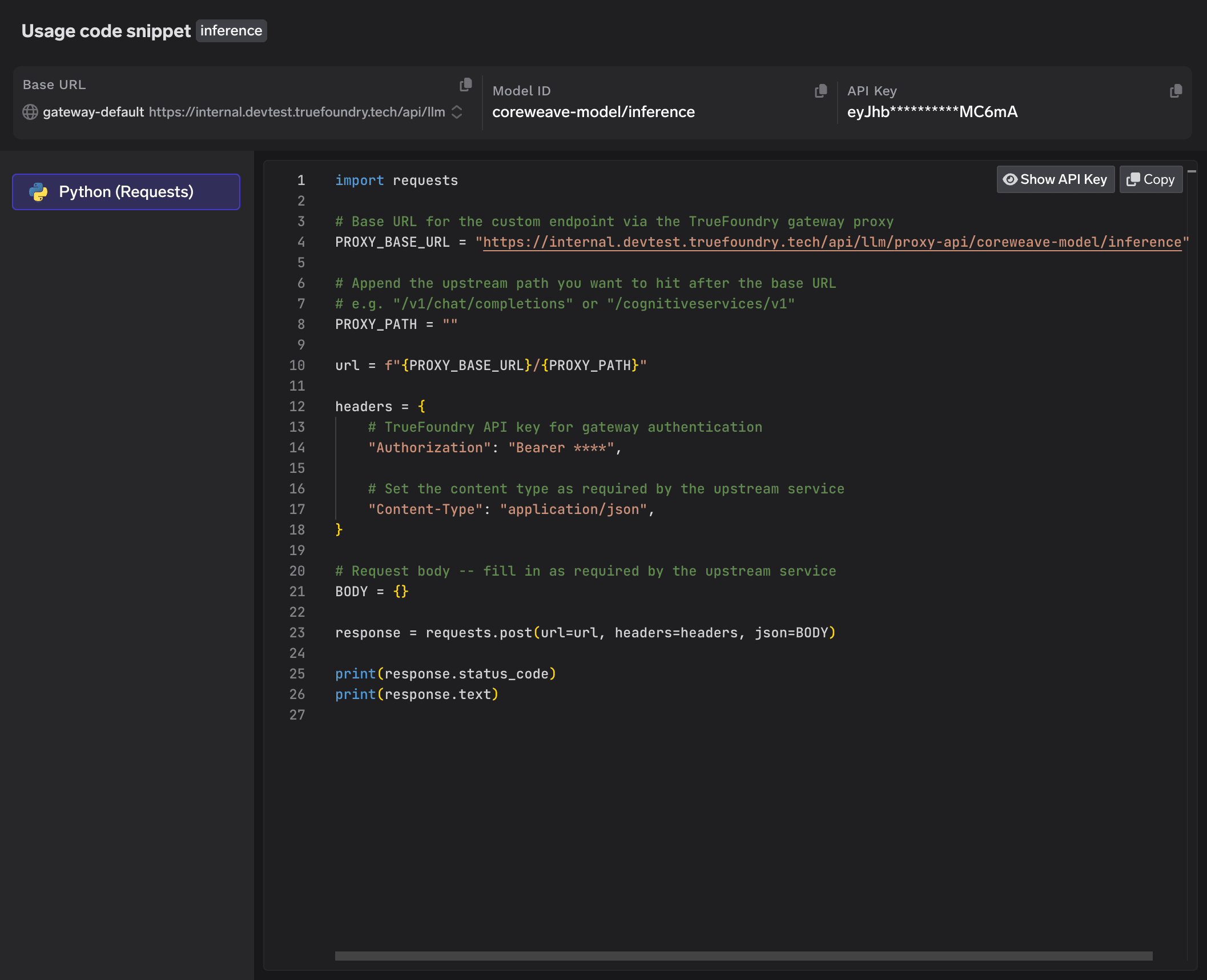 Usage code snippet modal showing Base URL, Model ID, and API Key