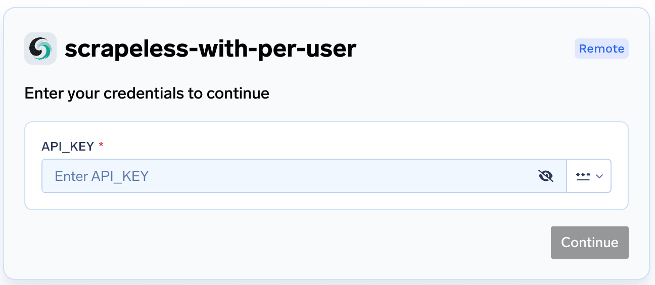The Enter your credentials prompt showing an API_KEY field and a Continue button