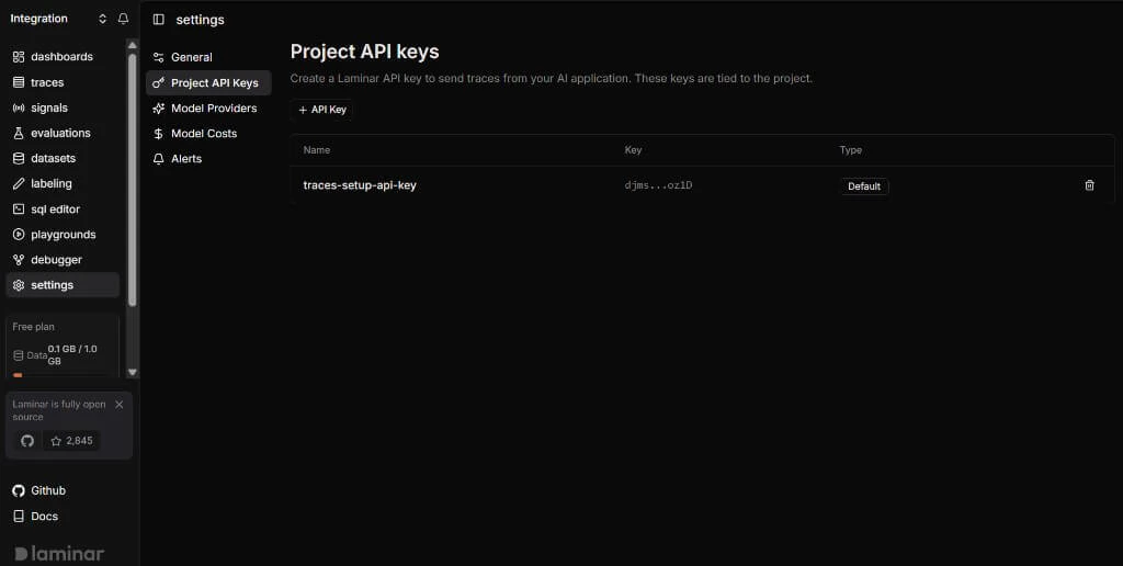 Laminar settings showing Project API keys with table of keys and plus API Key button for creating trace ingestion credentials