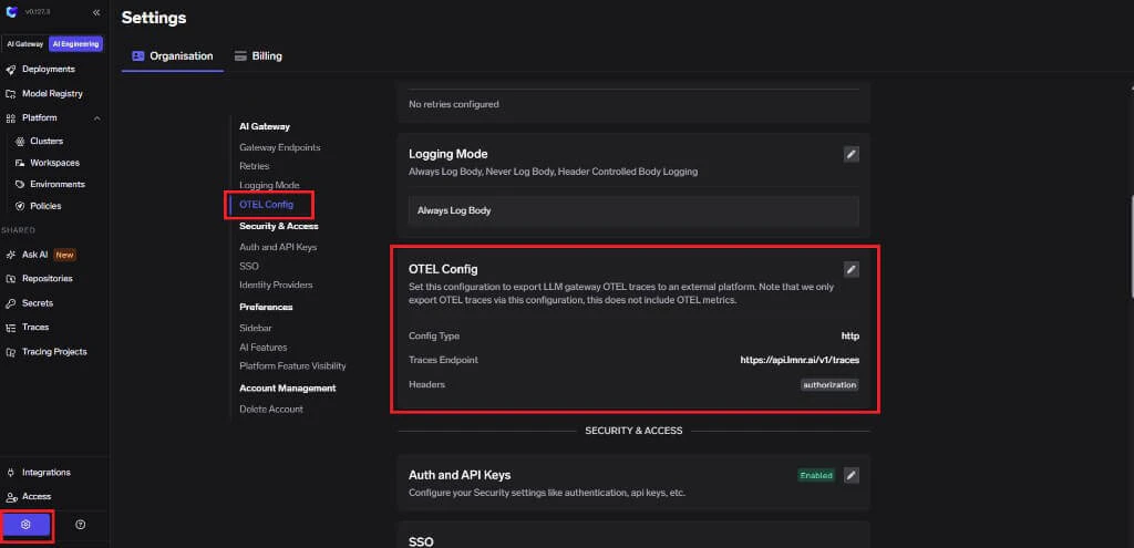TrueFoundry AI Engineering and Settings navigation to Organisation OTEL Config showing traces endpoint and authorization header