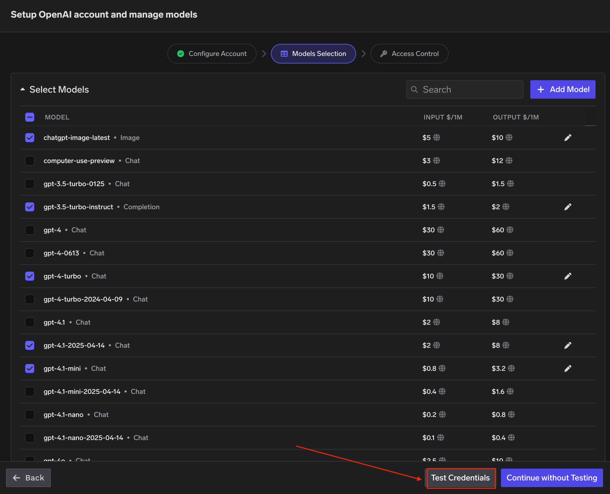 Models Selection step showing model list with checkboxes and Test Credentials button