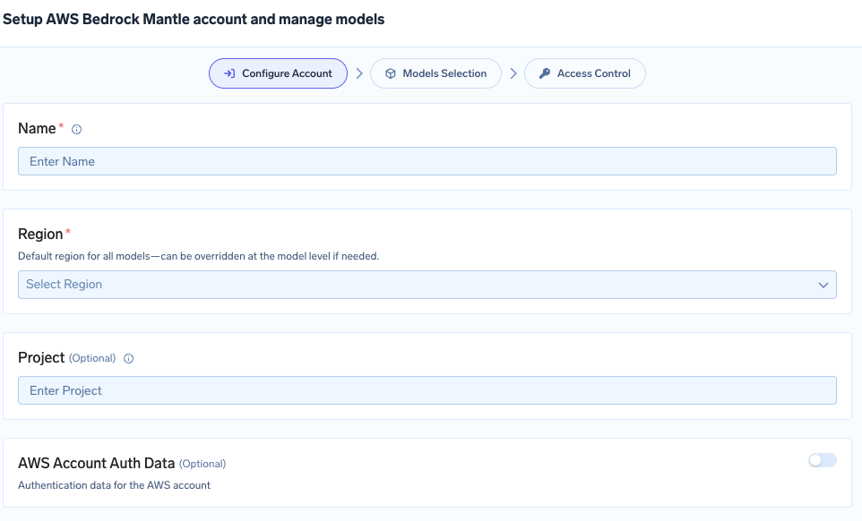AWS Bedrock Mantle account form showing the optional Project field below Region
