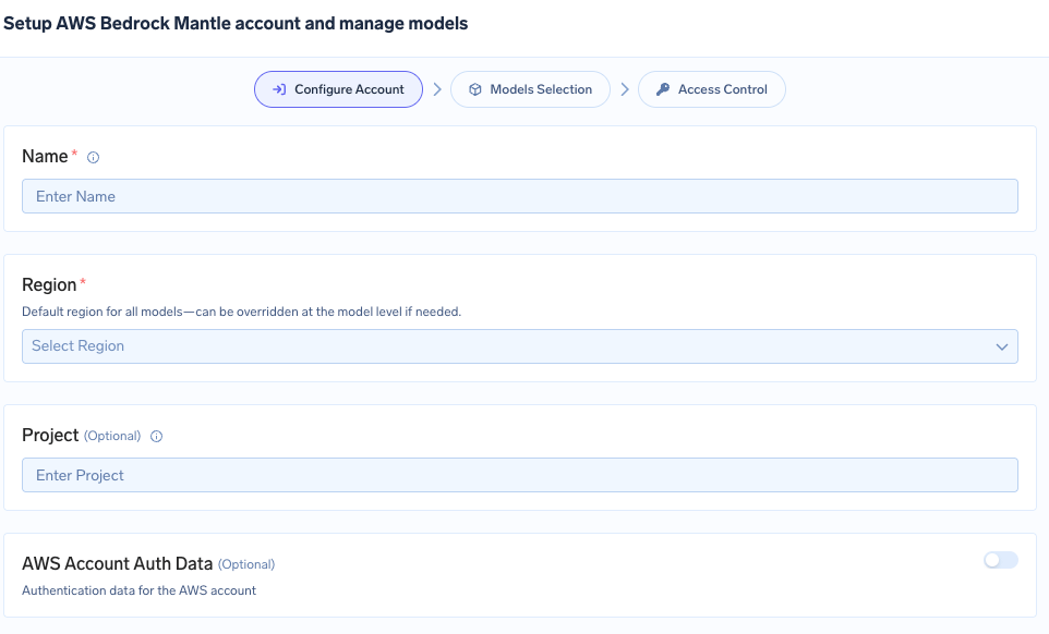 AWS Bedrock Mantle account form showing the optional Project field below Region