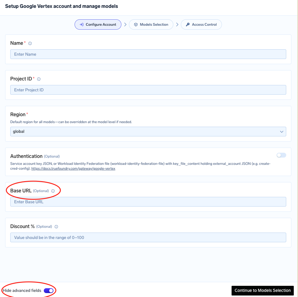 Google Vertex provider account form showing the optional Base URL field and the advanced fields toggle