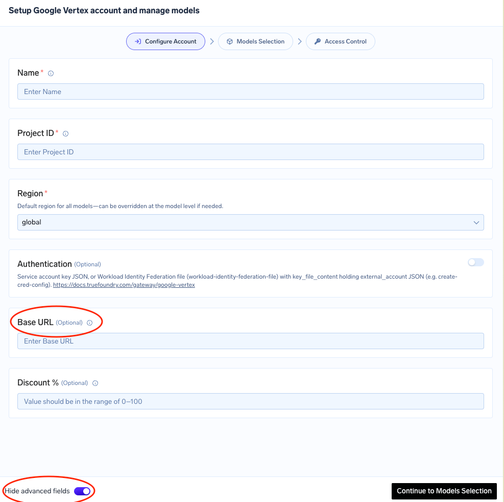 Google Vertex provider account form showing the optional Base URL field and the advanced fields toggle
