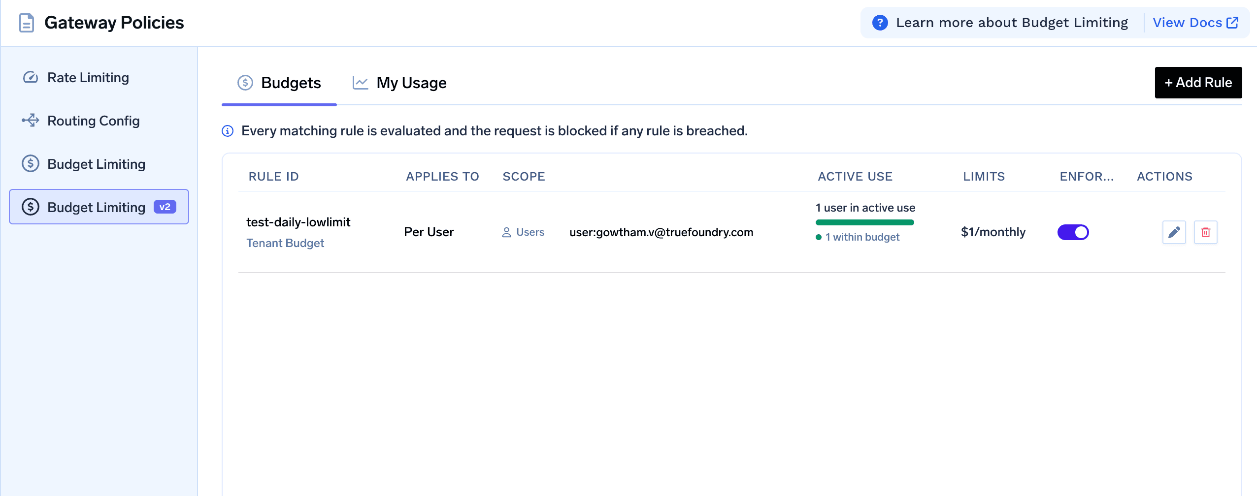 Budget Limiting v2 page showing tenant and per-user budget rules with active use, limits, and enforcement toggles