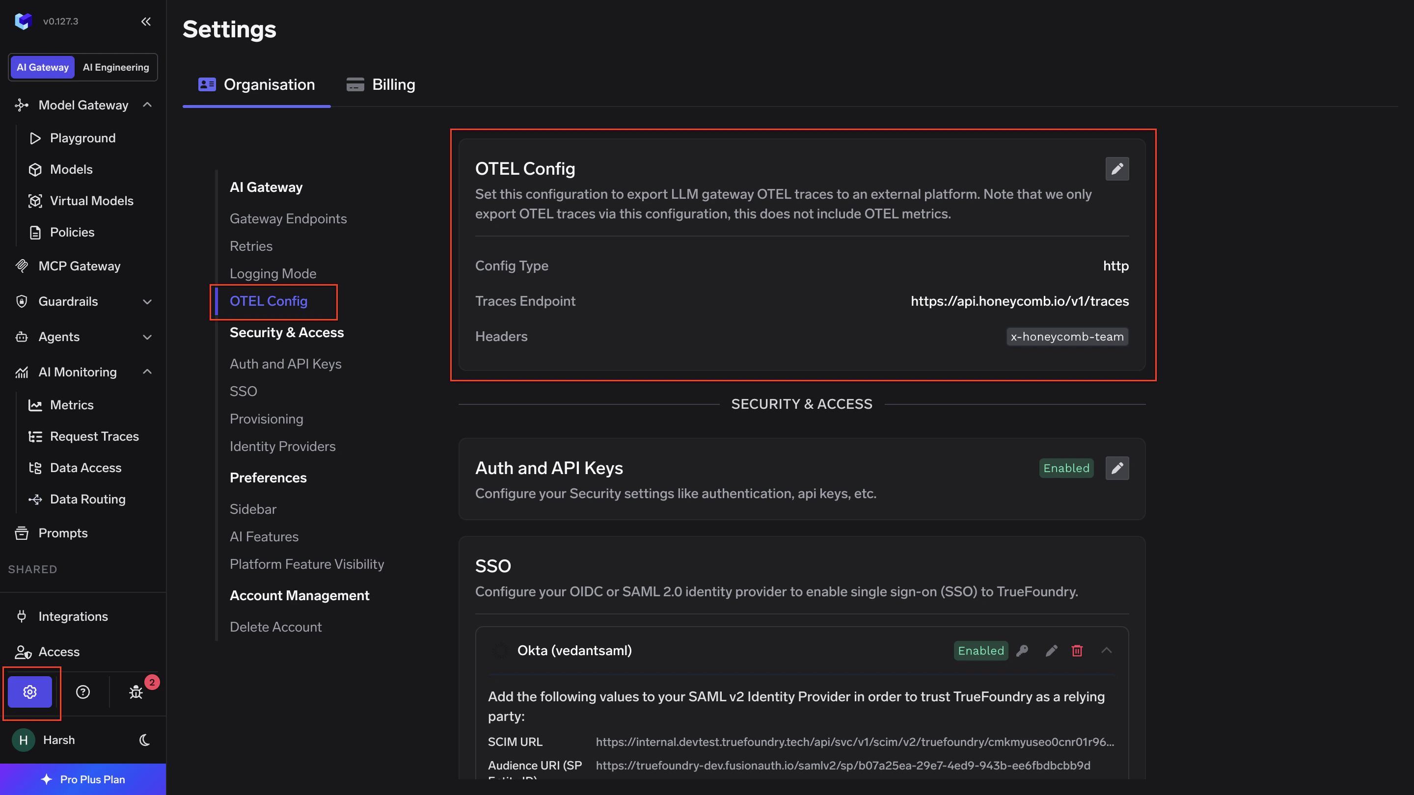 TrueFoundry AI Gateway Settings page showing the OTEL Config section with Traces Endpoint and Headers