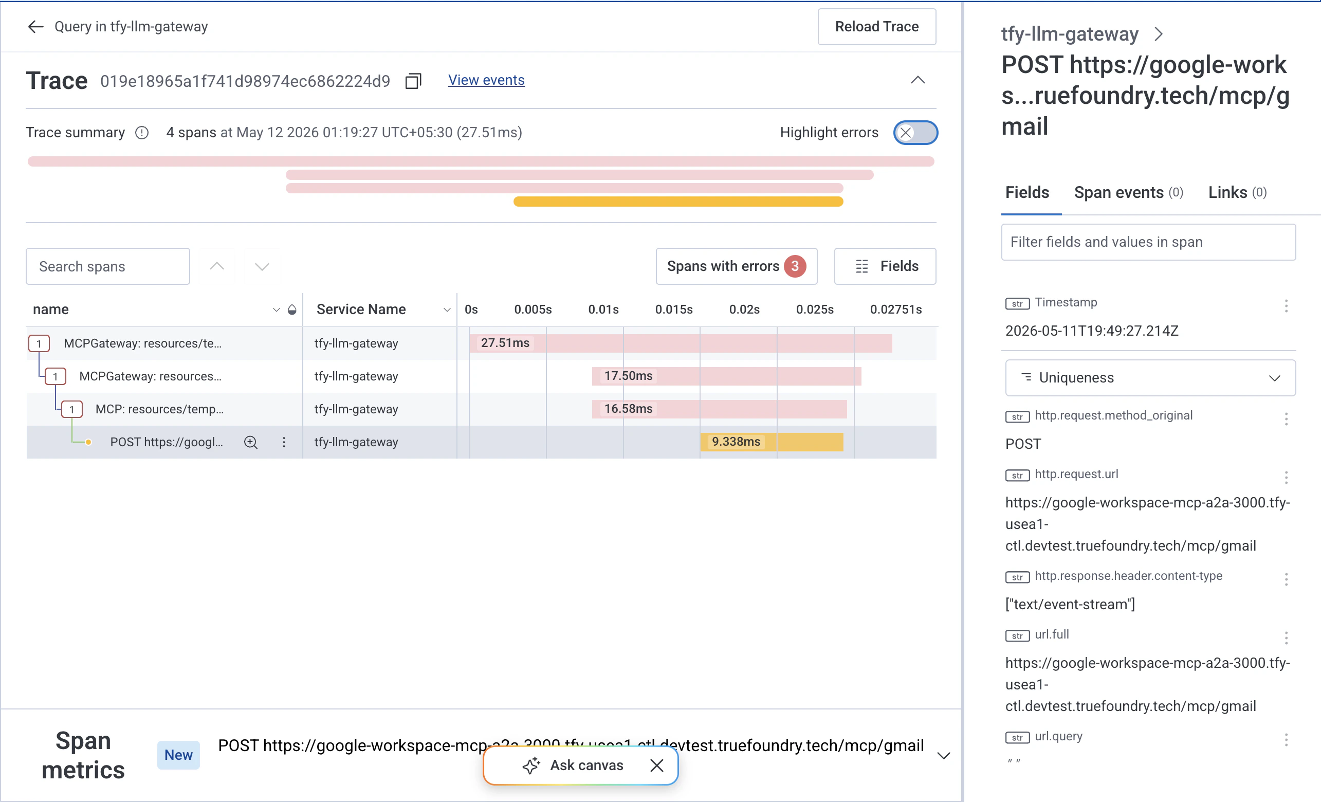Honeycomb expanded trace view showing span waterfall for a tfy-llm-gateway MCPGateway operation with nested spans