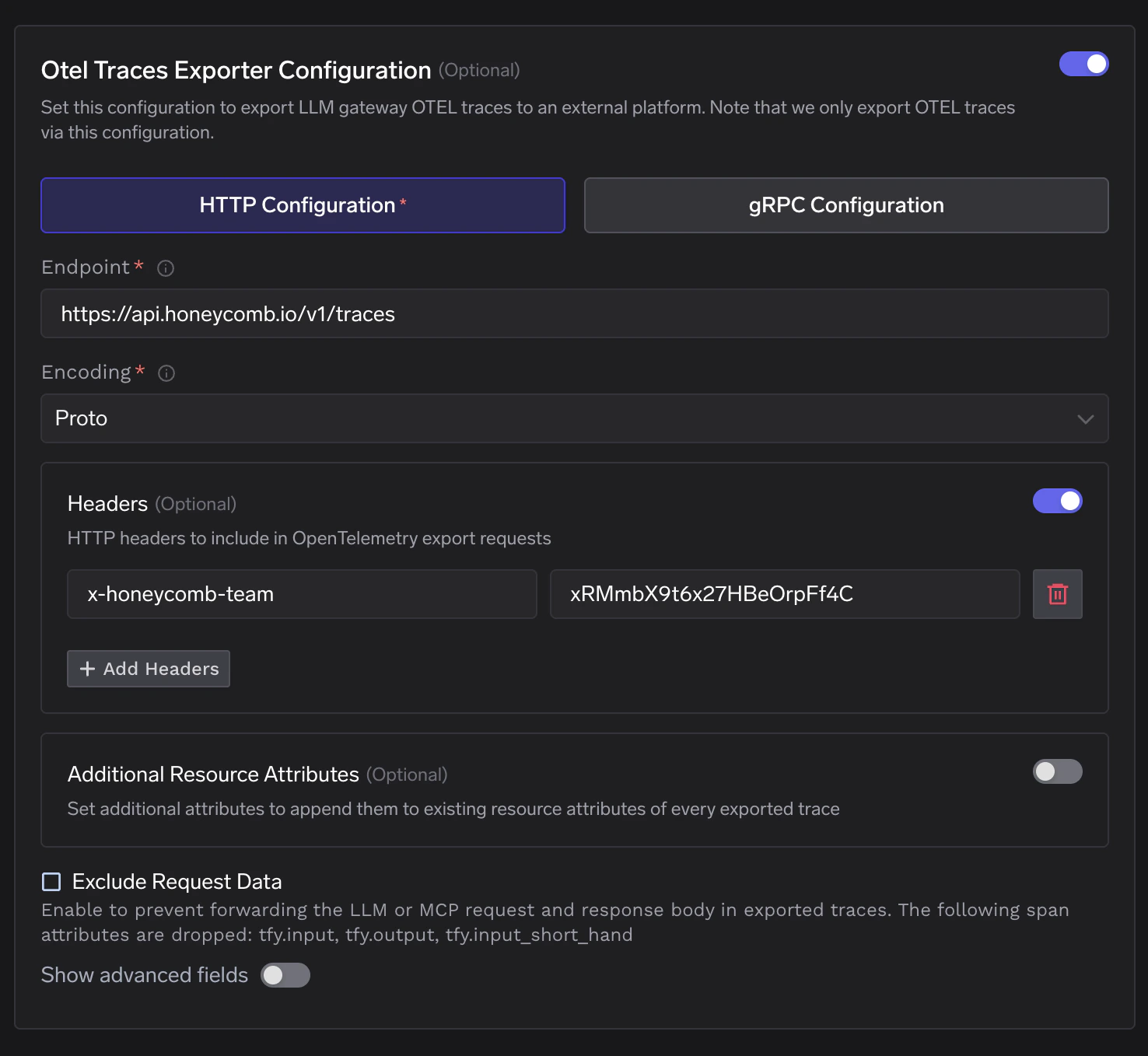 TrueFoundry OTEL Traces Exporter Configuration showing Honeycomb endpoint and x-honeycomb-team header