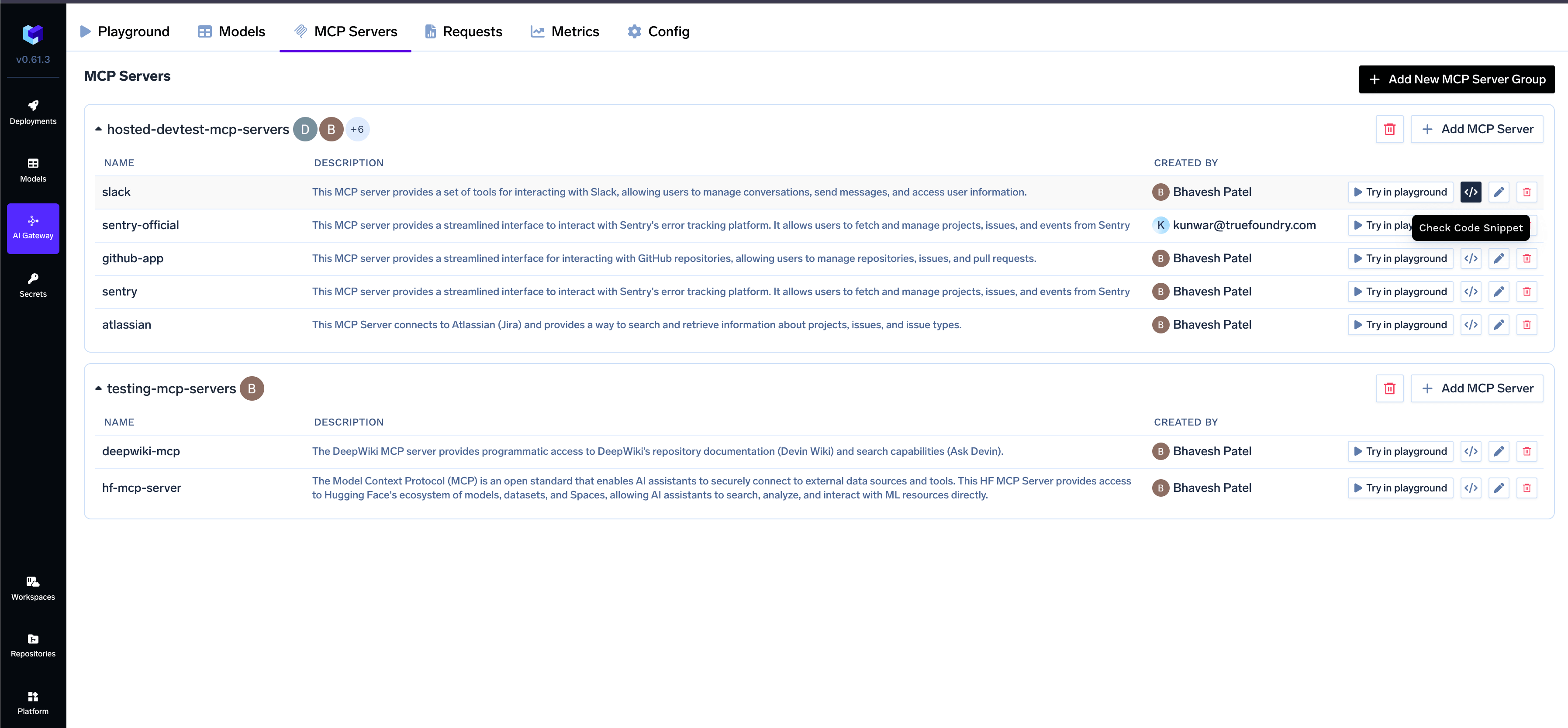TrueFoundry Dashboard showing where to find the MCP server code snippet in AI Gateway UI