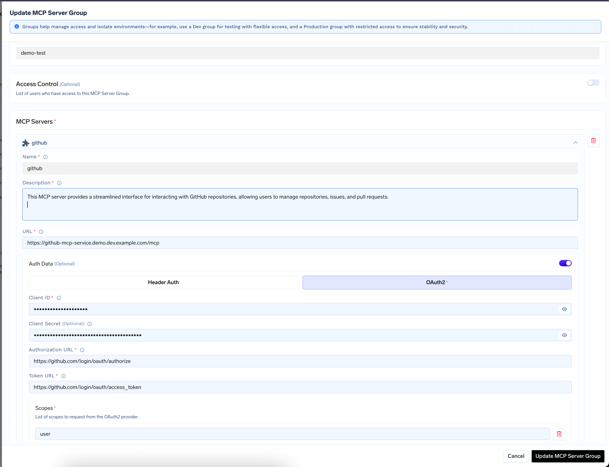 TrueFoundry AI Gateway interface showing the form to add a GitHub MCP Server with OAuth2 configuration