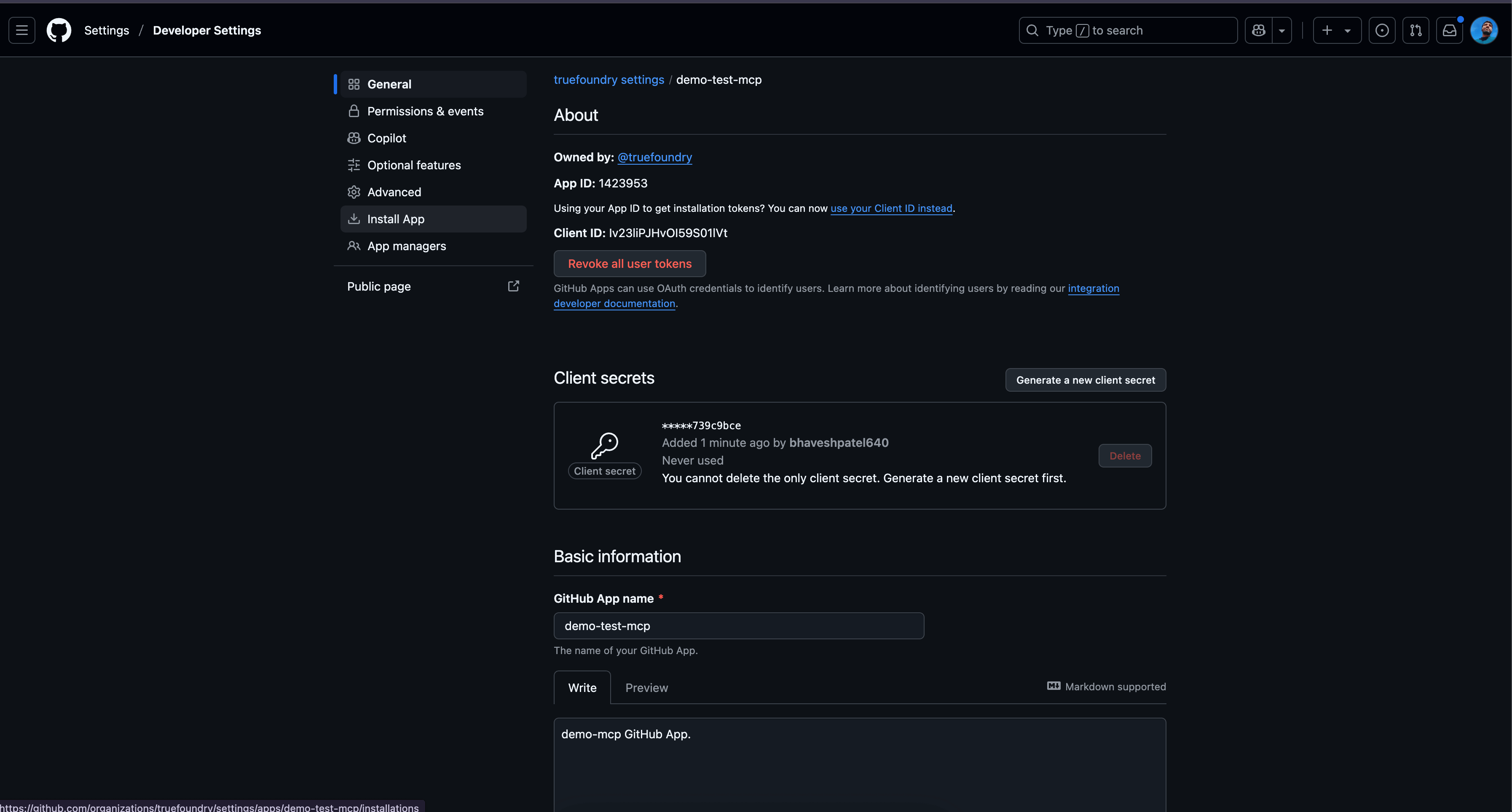 GitHub interface showing the process of creating a new GitHub App with permissions settings
