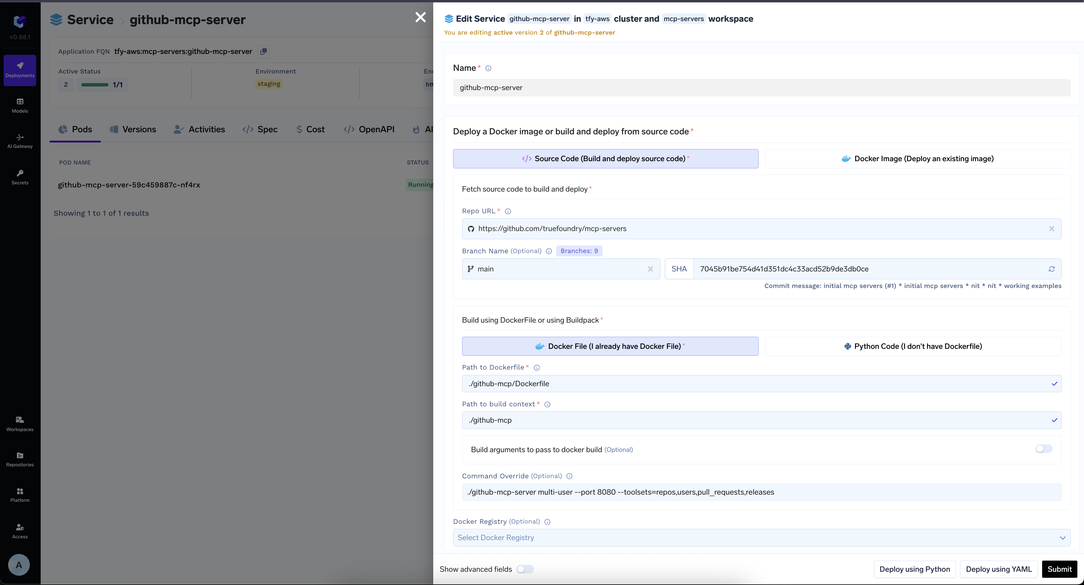 TrueFoundry deployment interface showing the GitHub MCP Server configuration