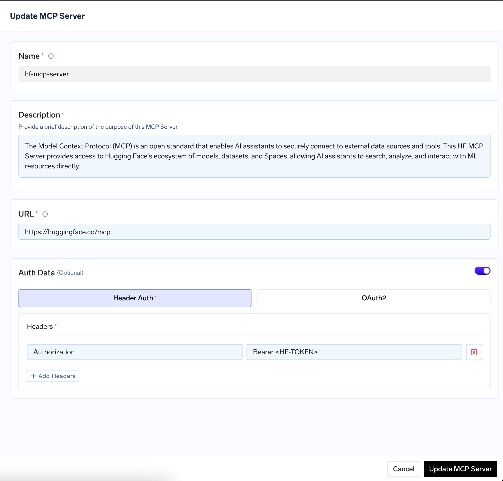 Hugging Face MCP server configuration with Header Auth option selected