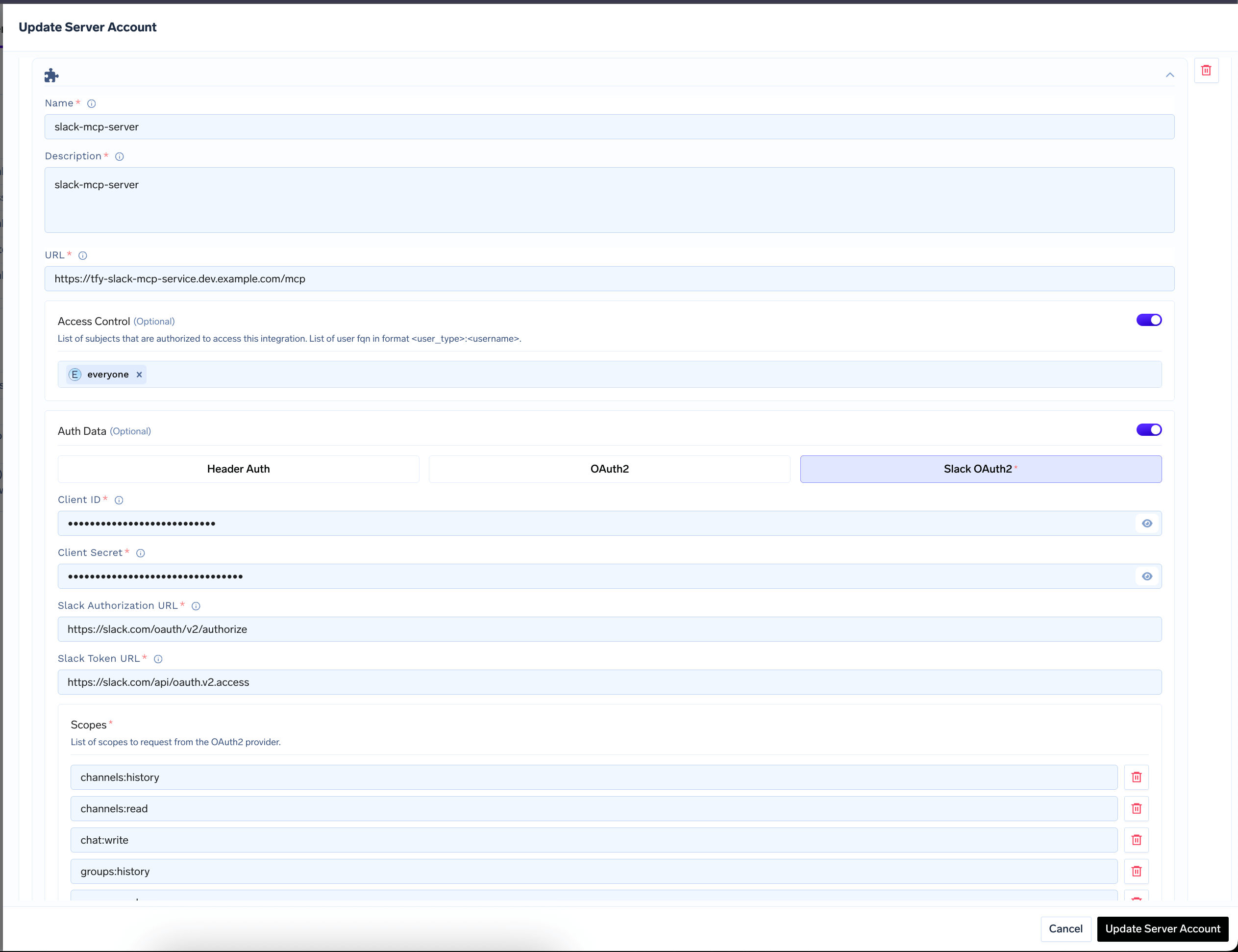 TrueFoundry AI Gateway interface showing the form to add a Slack MCP Server with OAuth2 configuration