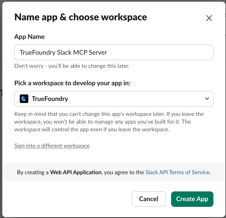 Slack API dashboard showing the process of creating a new Slack app