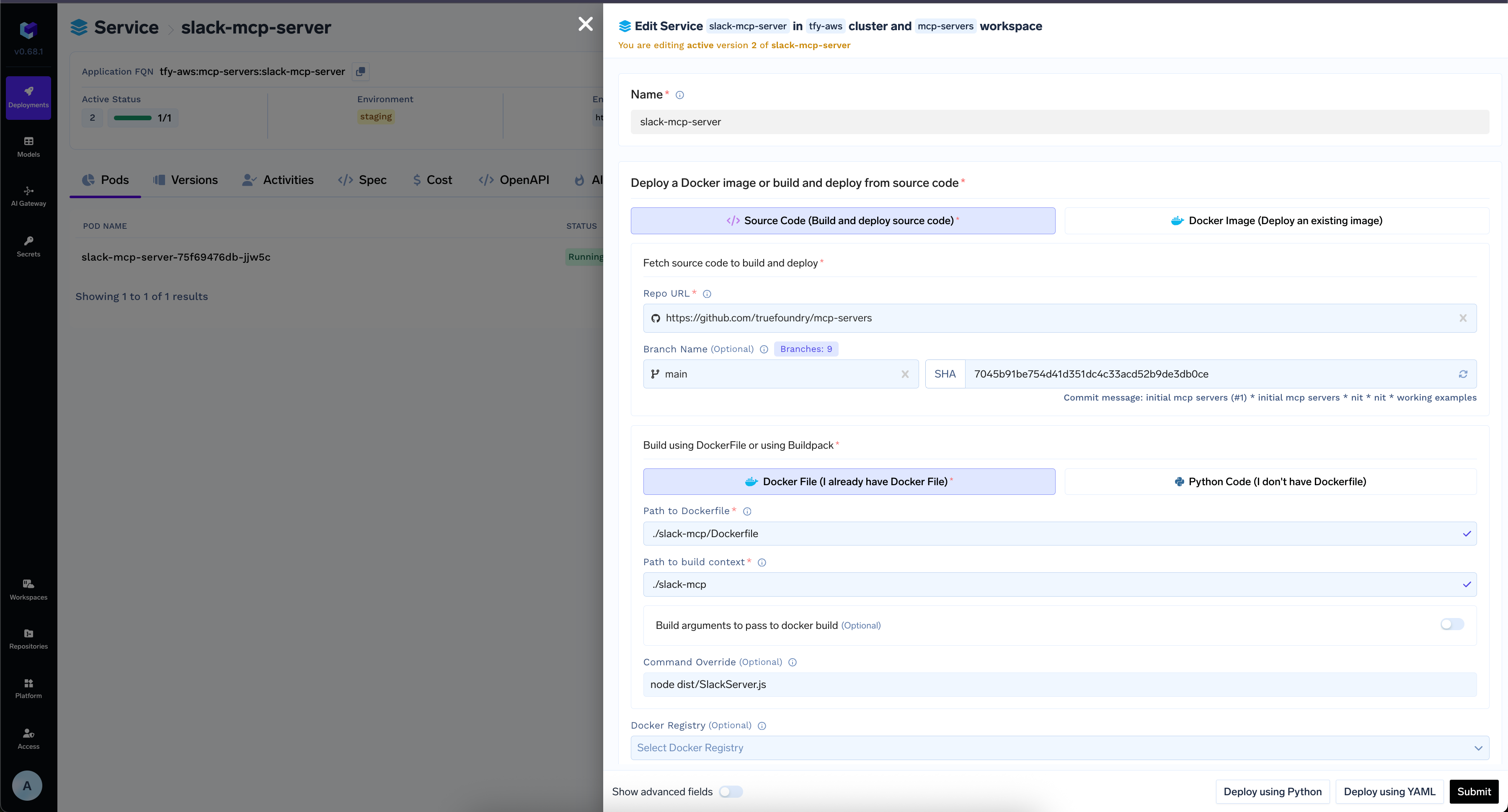 TrueFoundry deployment interface showing the Slack MCP Server configuration