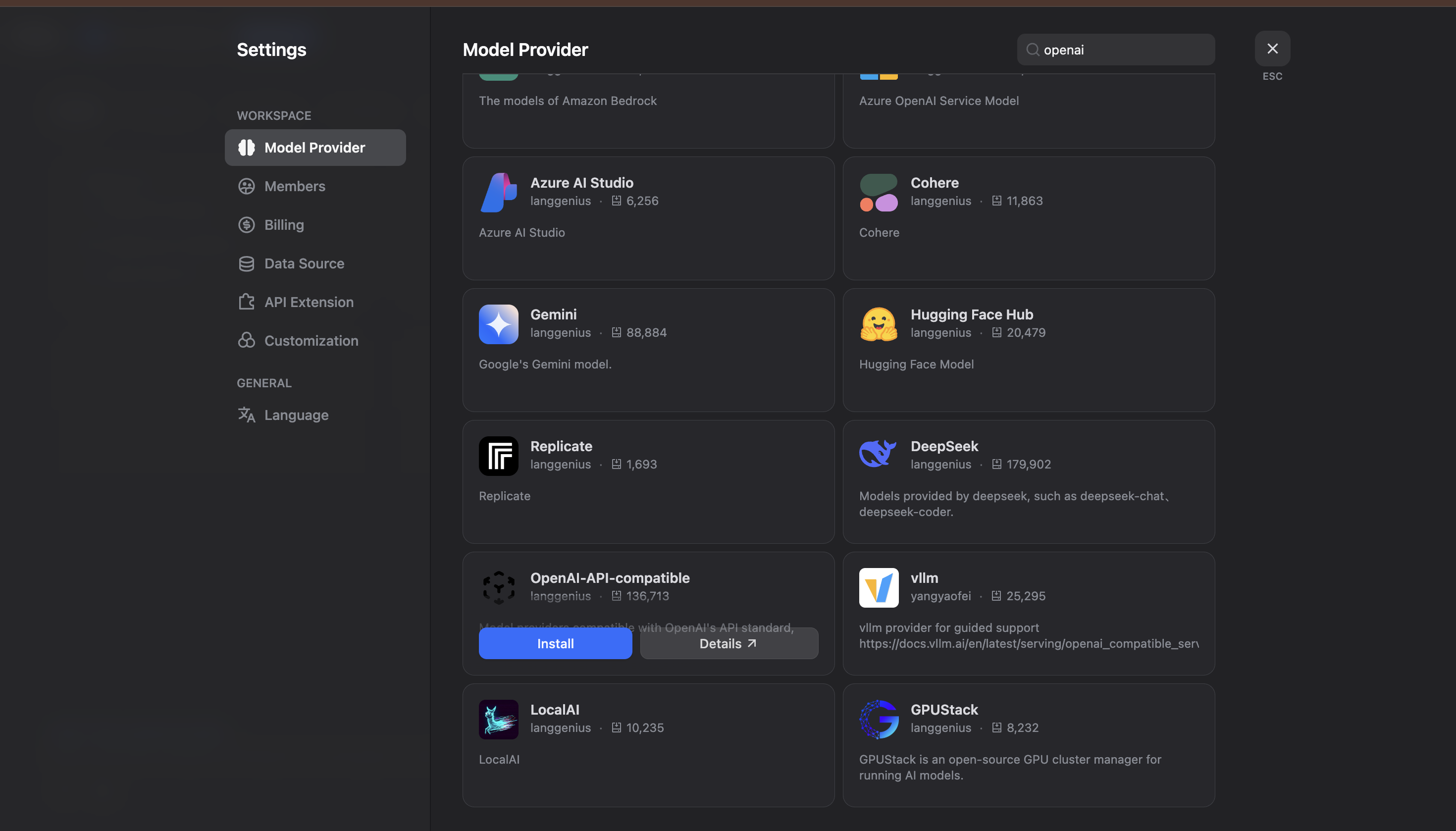 Dify settings page showing Model Provider selection in the left sidebar menu