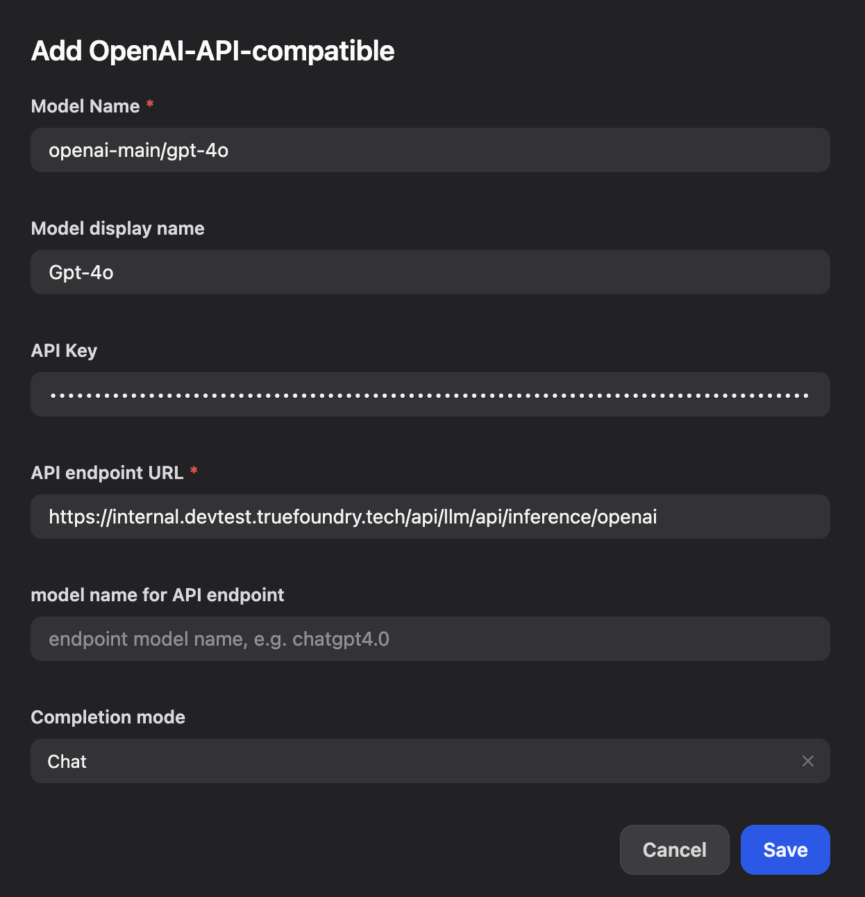 Dify OpenAI-API-compatible provider configuration form with fields for model name, API key, and endpoint URL